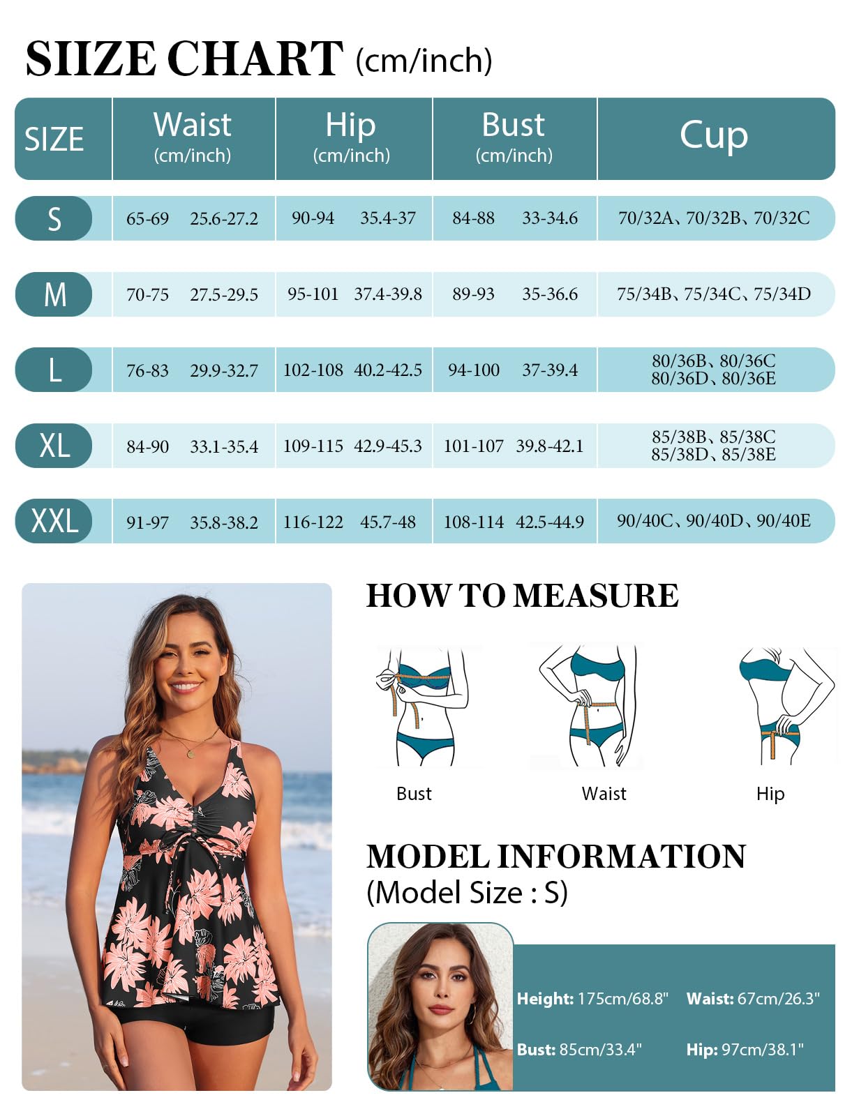 Nadeer Tankinis Mujer Traje de Baño 2 Piezas Cuello en V Push up Bikini Set Estampado Floral con Pantalones Cortos