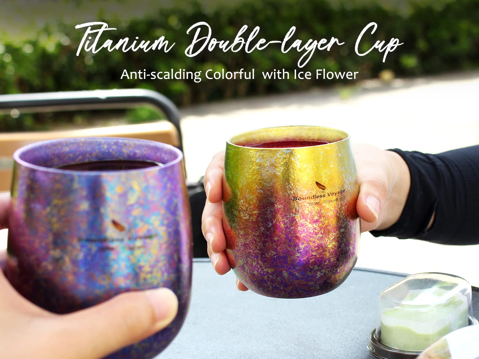 iBasingo & Boundless Voyage Tasse à café en titane double couche Fleur glacée Artisanat léger pour camping, randonnée, pique-nique, eau potable, thé, vin, bière, jus de fruits (doré) - Ti3084D