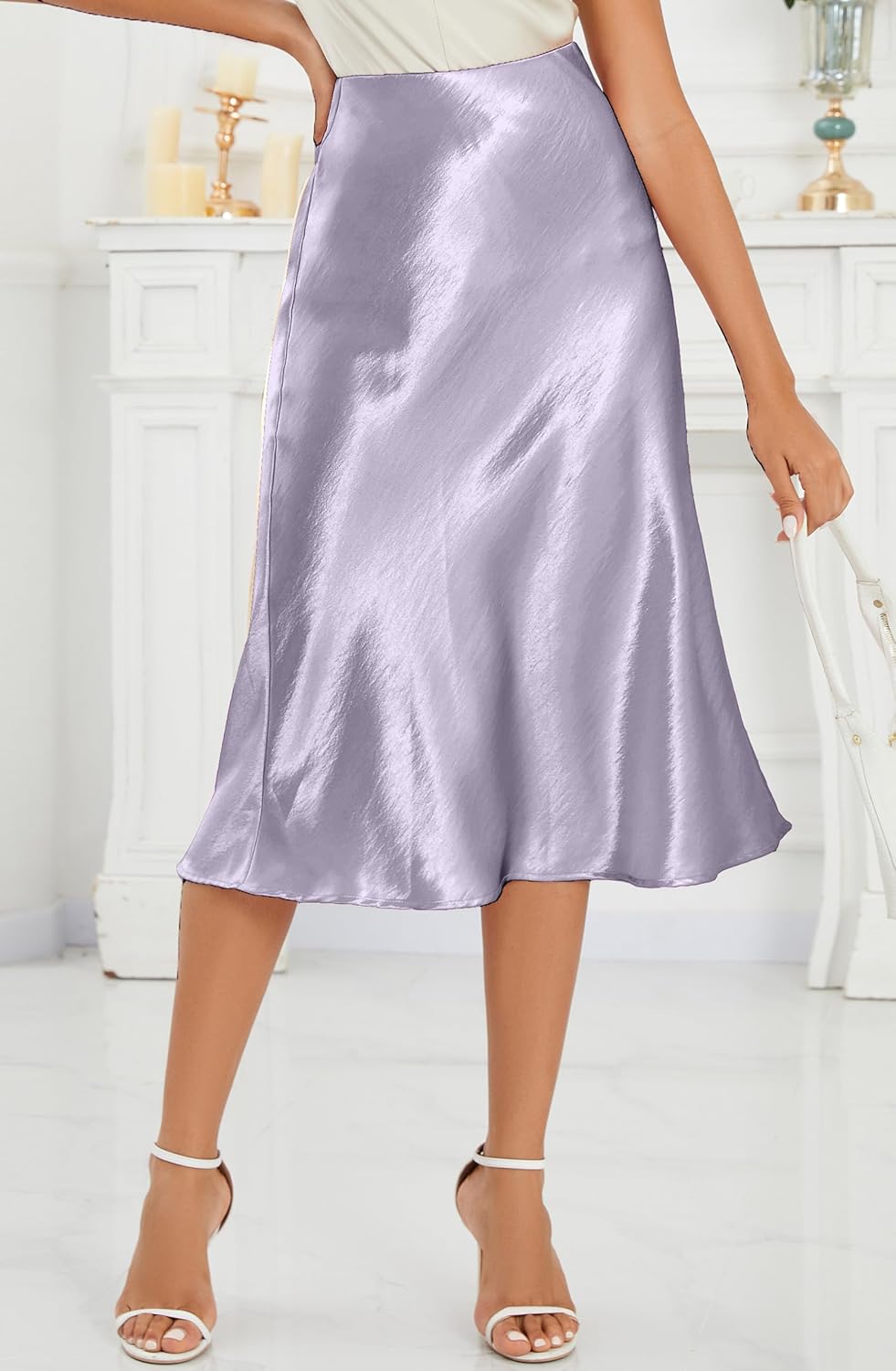 ALCEA ROSEA Womens Satin High Waisted Silk A-line Wedding Elegant Elastic Midi Maxi Skirt