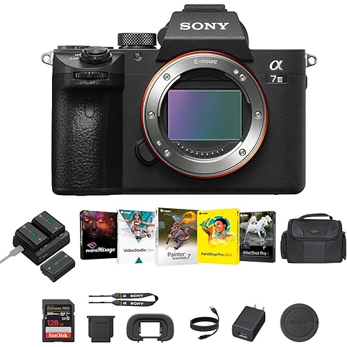 Sony a7 III Mirrorless Camera (Black) - 24MP Full-Frame Digital Camera with Batteries & Dual Charger Kit, Corel Software Kit, 128GB SDXC Memory Card & Large DSLR Bag - Essential Bundle