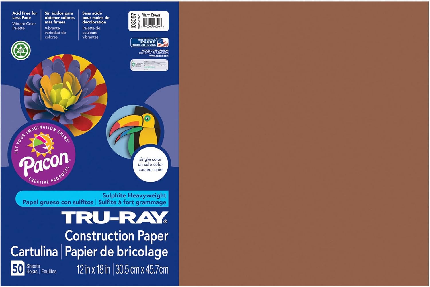 Tru-Ray Construction Paper, Warm Brown, 12" x 18", 50 Sheets Per Pack, 5 Packs