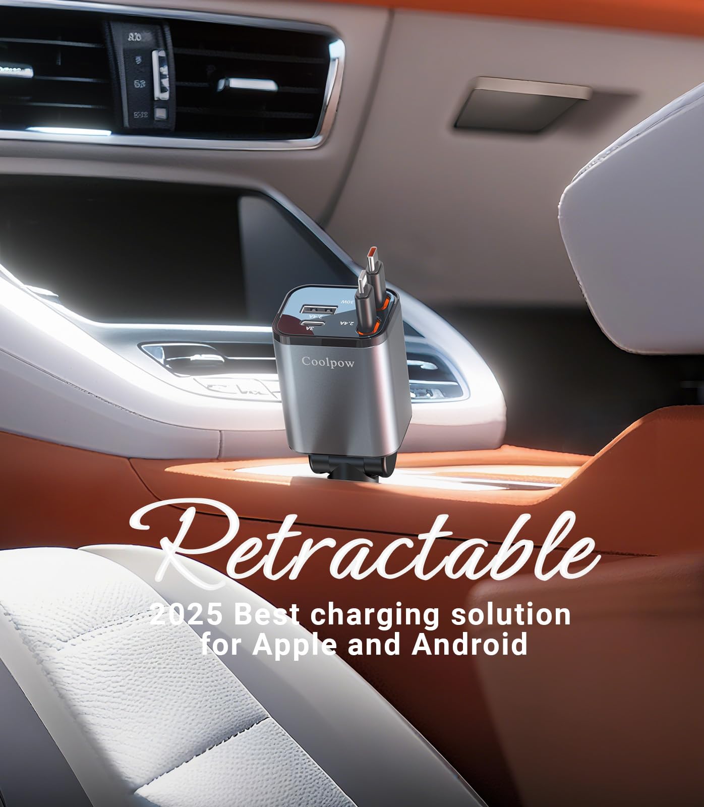4 EN 1 Cargador Coche USB C, 69W Cargador Mechero Coche【180° Plegable】 Car Charger Adaptador Móvil Coche con 2 Cables Retráctiles para iPhone 16/15/Samsung S25/S24/iPad/GPS