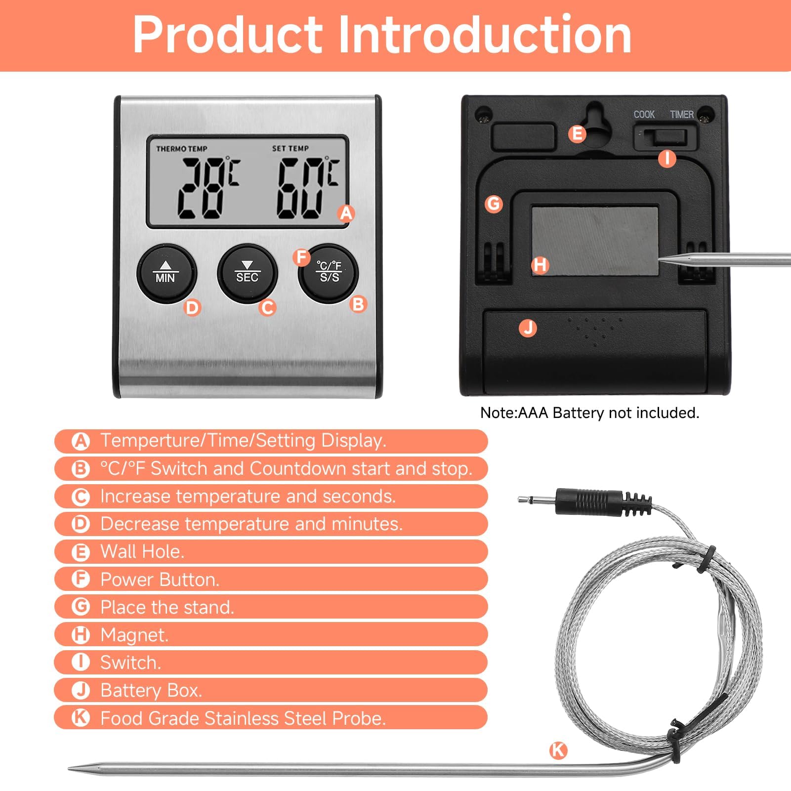 Termometro Cocina Digital Lectura Instantáneo, Meat Thermometer con 2 Sondas 100cm LCD Retroiluminada Alarma Sonora para Carne Horno Parrilla Freidora Aire Vino Cerveza Líquidos Aceite Barbacoa