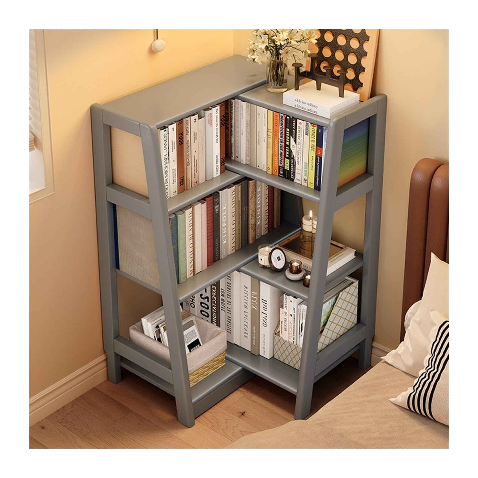 Huangj-0527 Bookcase Storage Shelves Solid Wood Bookshelf Living Room Wall Retractable Bedroom Bedside Storage Student Small Bookcase Trapezoidal Corner Shelf Book Shelves(Gris)