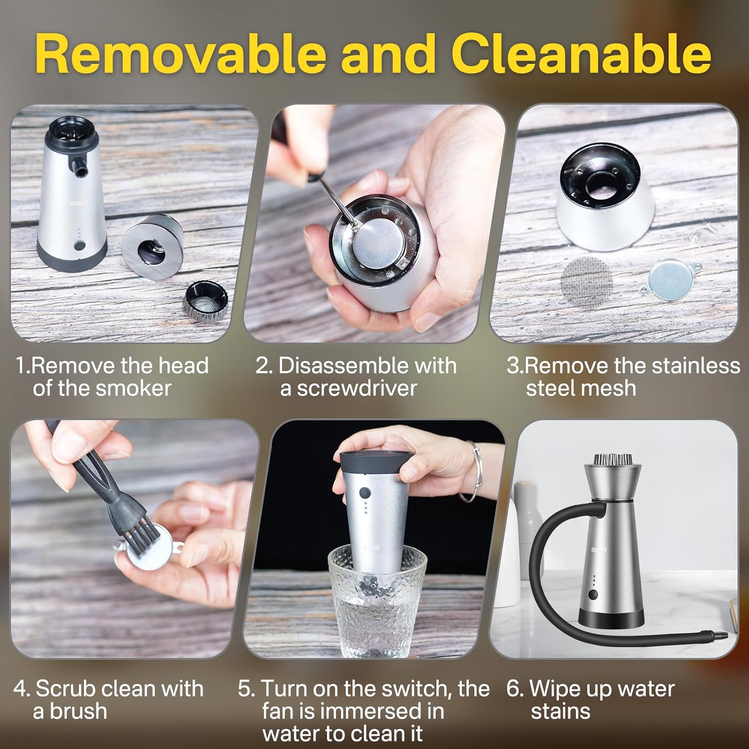 Six-step visual guide for cleaning the BORUIT Cocktail Smoker Kit.