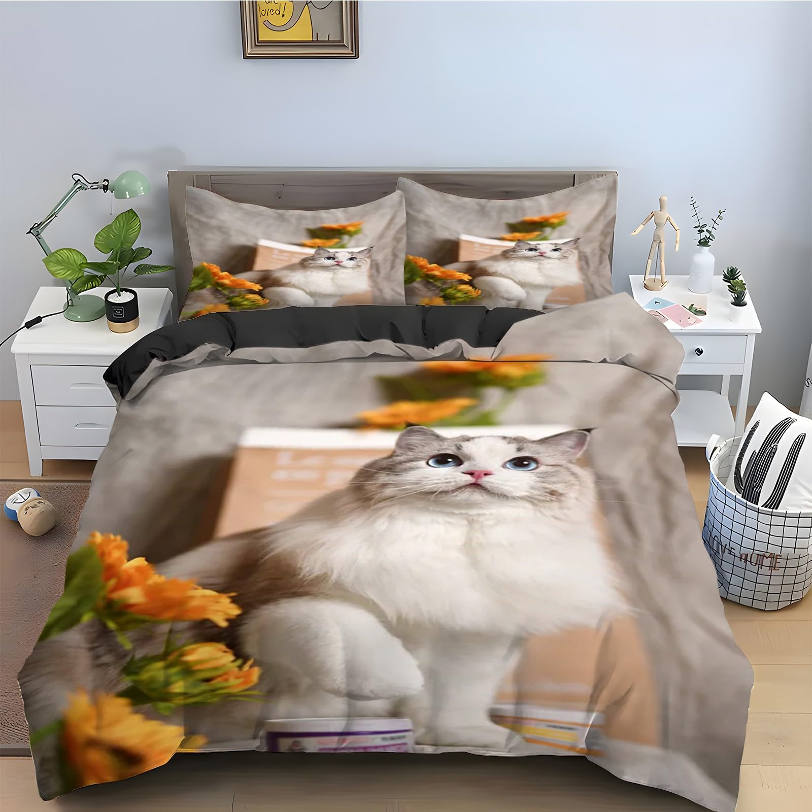 Housse de couette en microfibre douce motif fleurs et chat pour un sommeil réparateur