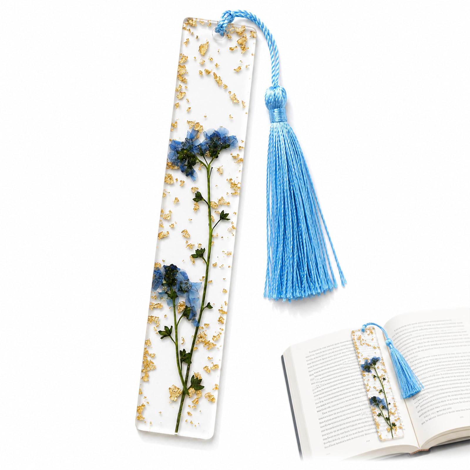 Forget Me Not Pressed Flower Resin Bookmark Handmade with Decorative Tassel
