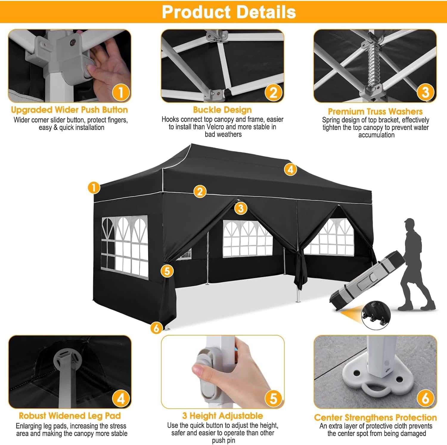 COBIZI Heavy Duty 10x20 Pop up Canopy Tent with 6 Sidewalls, Commercial Instant Canopies Tents for Parties Gazebos with Roller Bag, Wind & Waterproof UPF50+,Thickened Frame for Backyard, Black