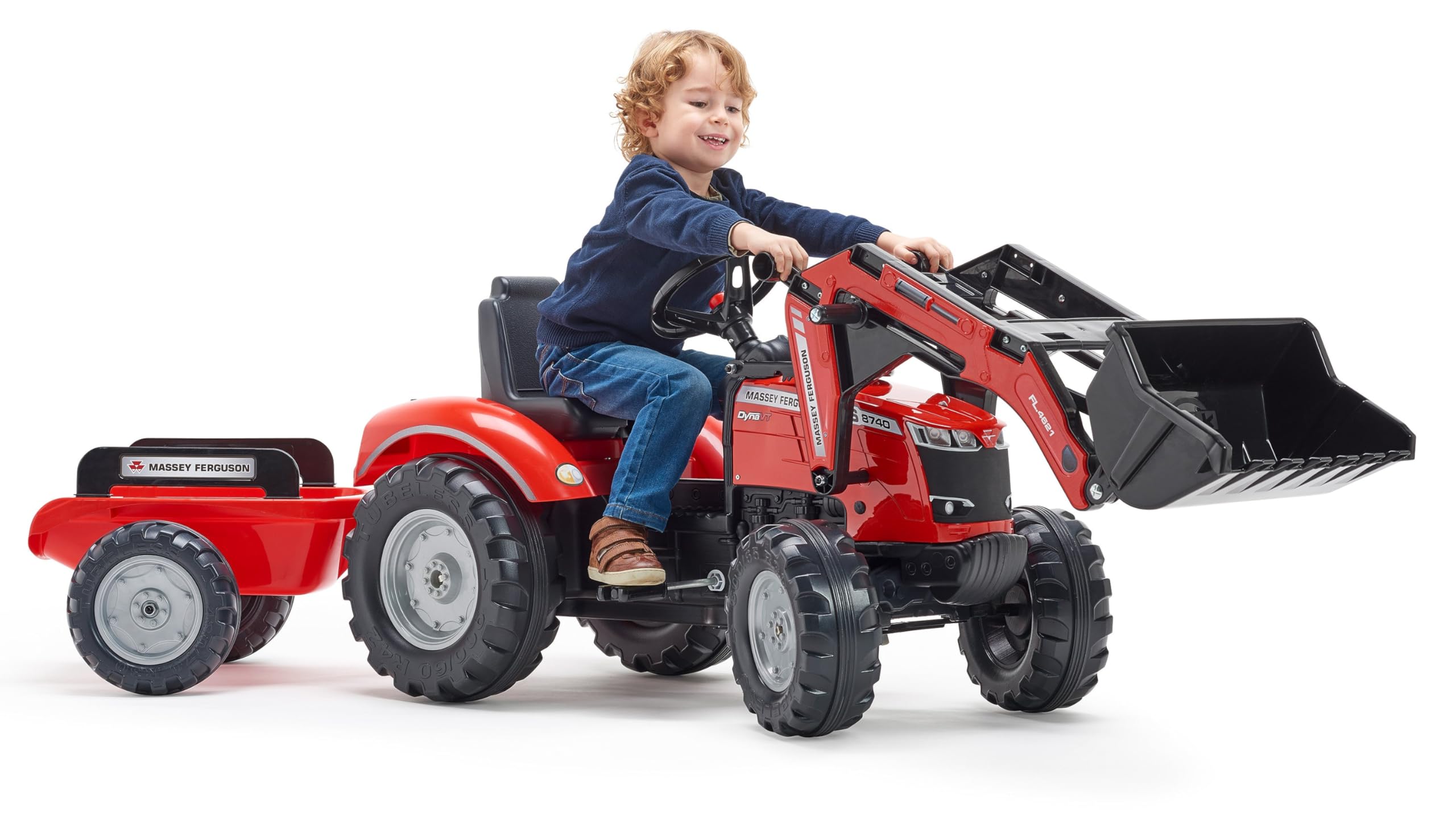 FALK - Tractopelle à pédales Massey Ferguson avec et remorque - Jeux exterieur enfant - Tracteur enfant - Dès 3 ans - Fabriqué en France - Pelle frontale articulée - Siège ajustable - 4010AM