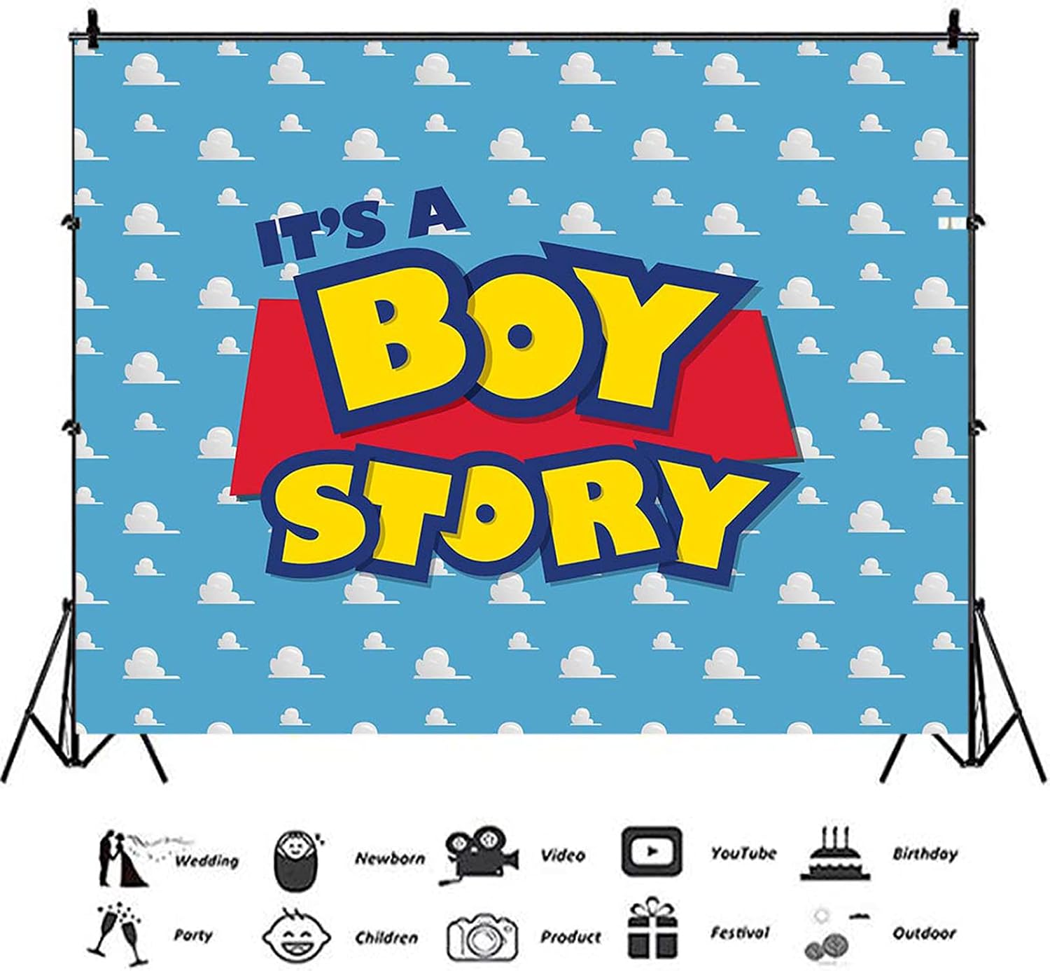 XLL Cartoon Boy It's a Boy Story Photography Backdrop Birthday Party Photo Background Blue Sky White Clouds Photography Backdrops Baby Shower Kids Hero Photo Booth Studio Props 7x5ft