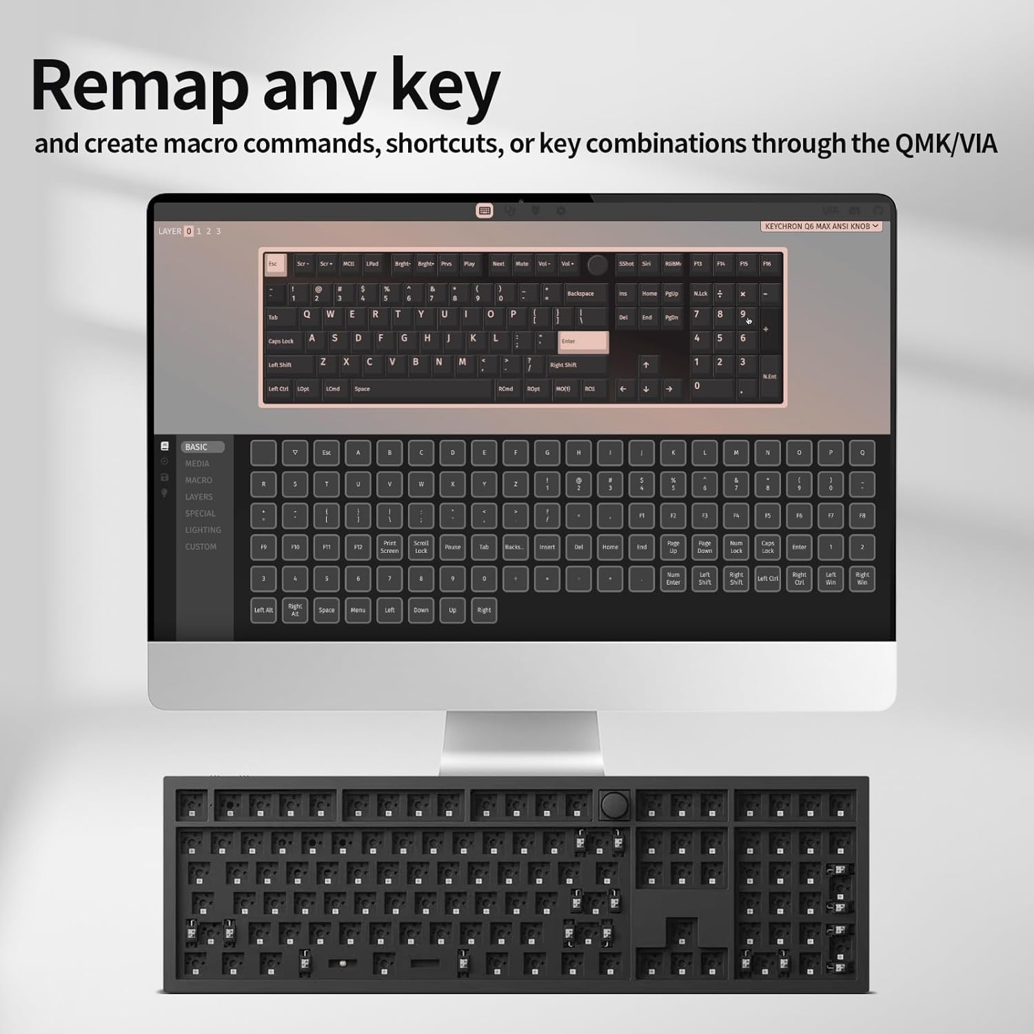 Screenshot of the VIA software interface showing how to remap keys on the Keychron Q6 Max keyboard.