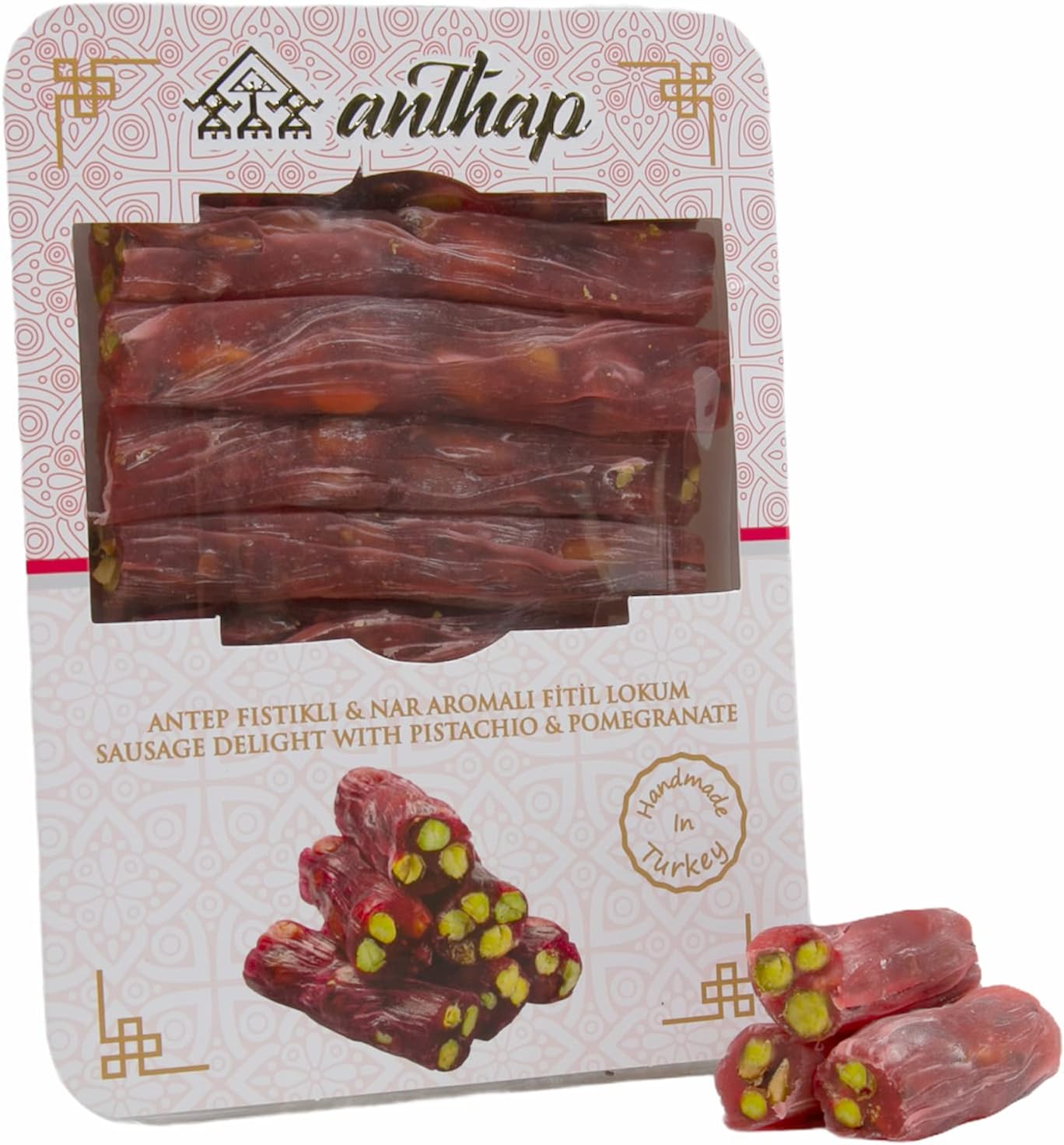 Anthap Fitil Turkish Delight With Pistachio And Pomegranate, Authentic Turkish Delight, Premium Pistachio & Sweet Pomegranate, Soft & Chewy Texture, Perfect for Snacking, Ideal with Coffee, 300g