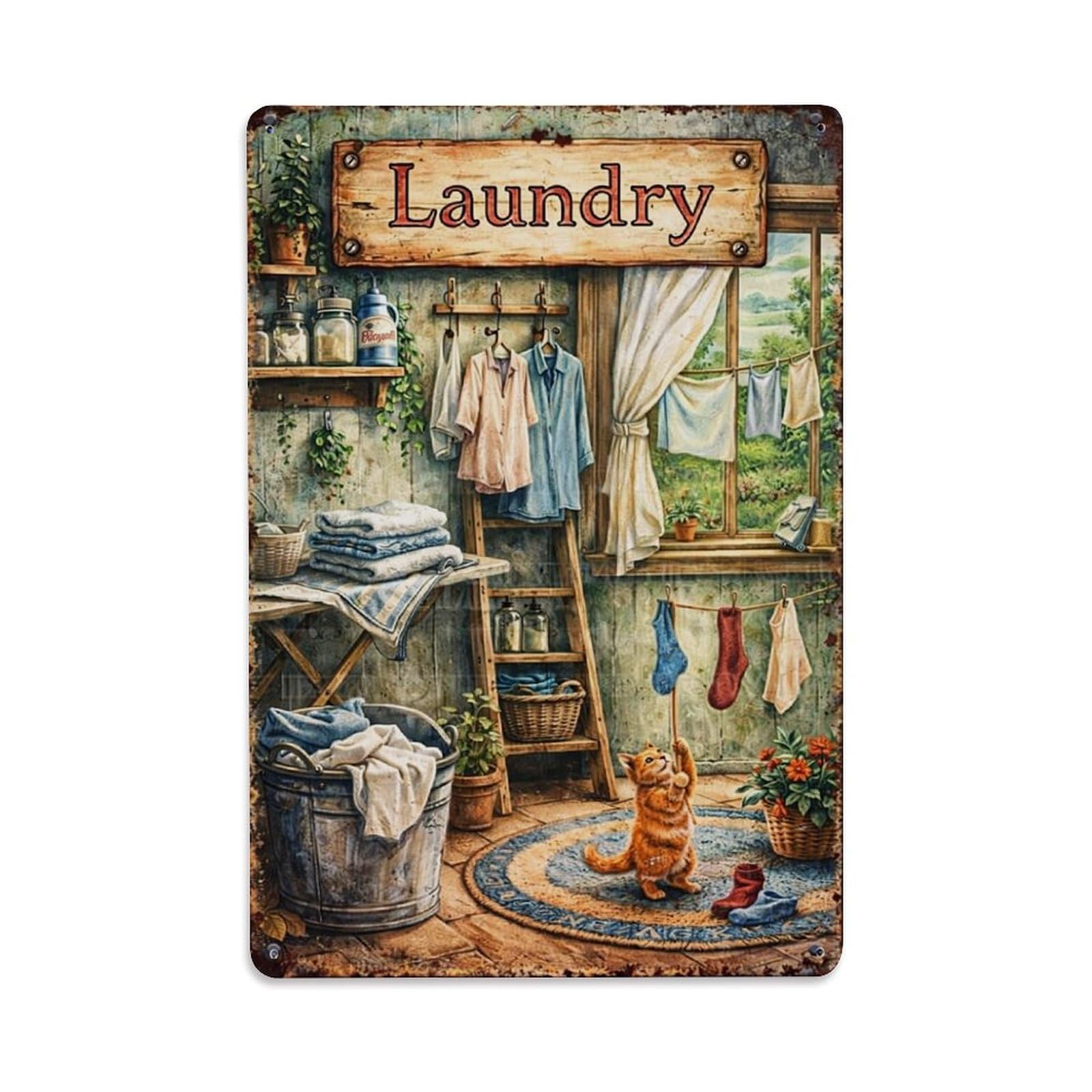 Jdfenggu Vintage Laundry Room Scene Print Retro Metal Tin Sign, Metal Poster For Bar, Home, Man Cave, Kitchen, Laundry Room Art Decor 8X12 Inch