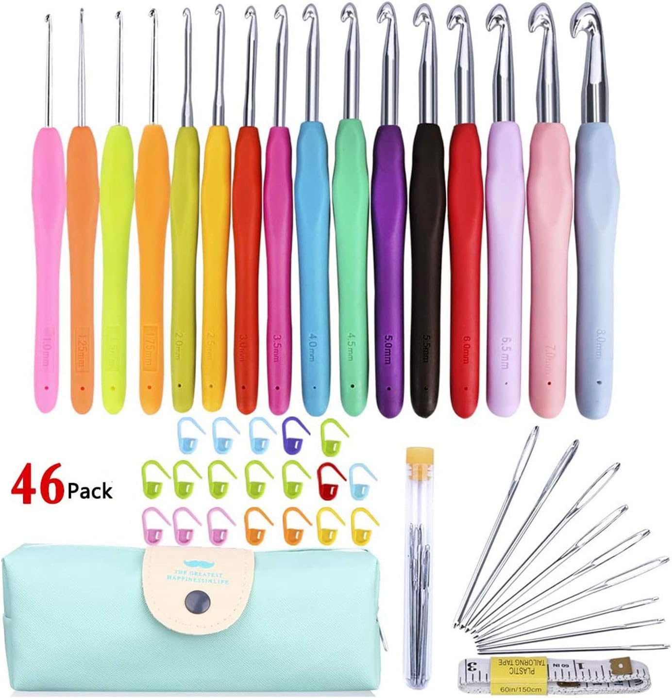Malayas 46 Pack Accessories Tools with Case -16 Pack Large Crochet Hooks Set with Rubber Handle; 1 Case, 9 Large Eye Blunt Needles for Knitting, 1 60-Inch Tape Measure