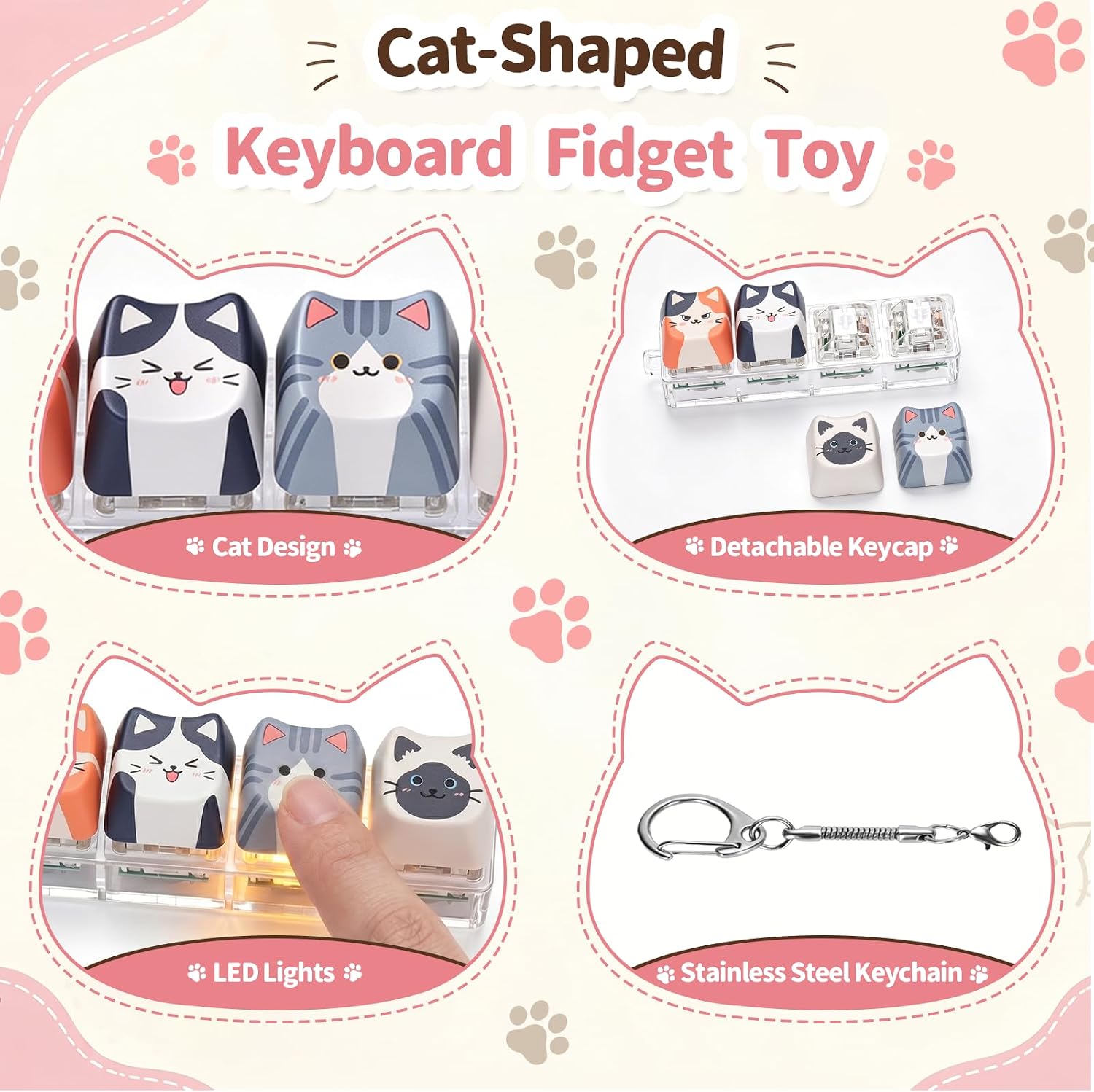 FunisFun 2 PCS Cat Shape Keyboard Fidget Toy for Adults Clicky & Silent Keyboard Keychain with LED Lights Detachable Clicker Fidget Toy for Stress Relief ADHD Autism ASMR (Multicolor-1, 4in1-2Pack)