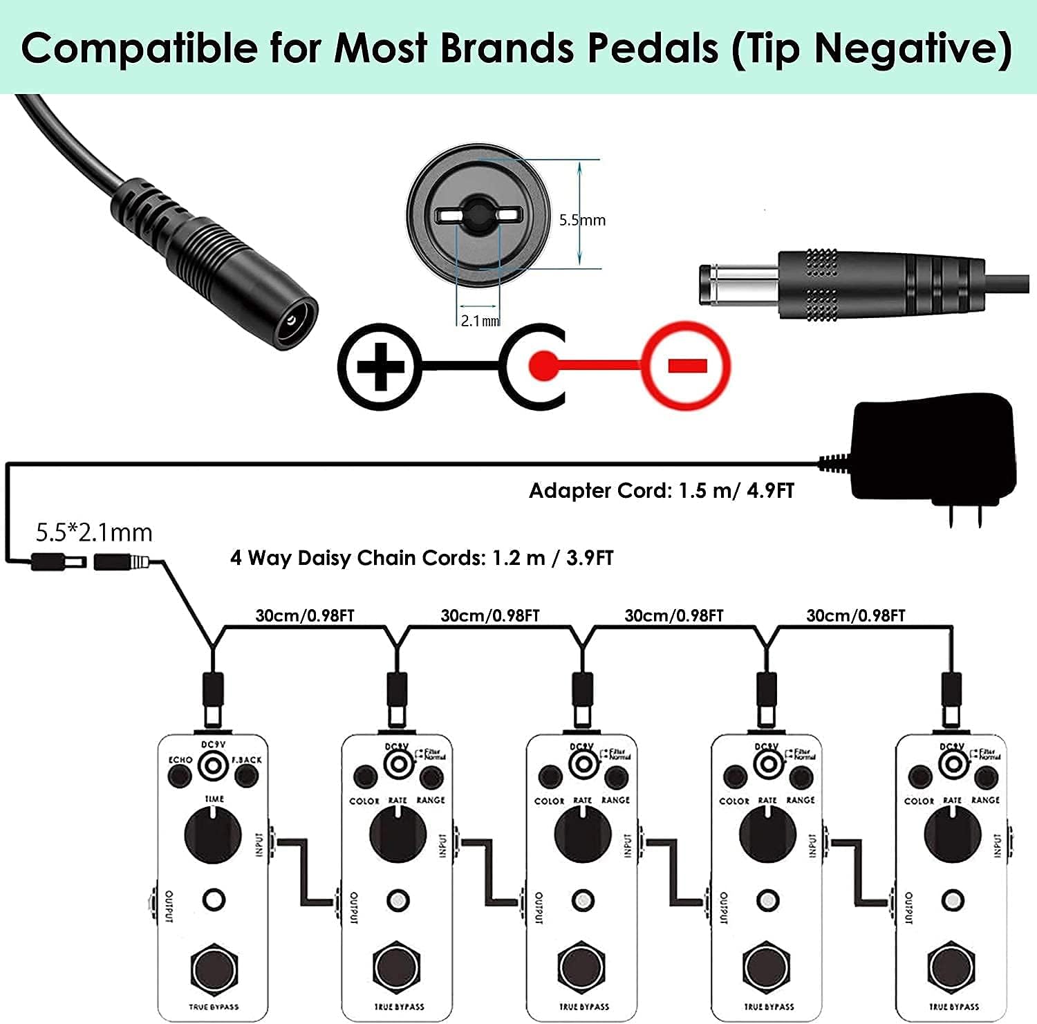 Power adapter diagram showing 5.5x2.1mm tip negative