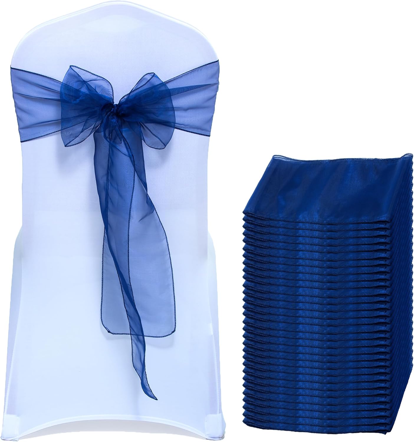 MDS Pack of 100 PCS Organza Chair Sashes Wider Dining Chair Bows Ribbon Tie Back for Wedding Party Birthday Bridal Shower Reception Event Banquet Home Chair Cover Decoration - Navy Blue