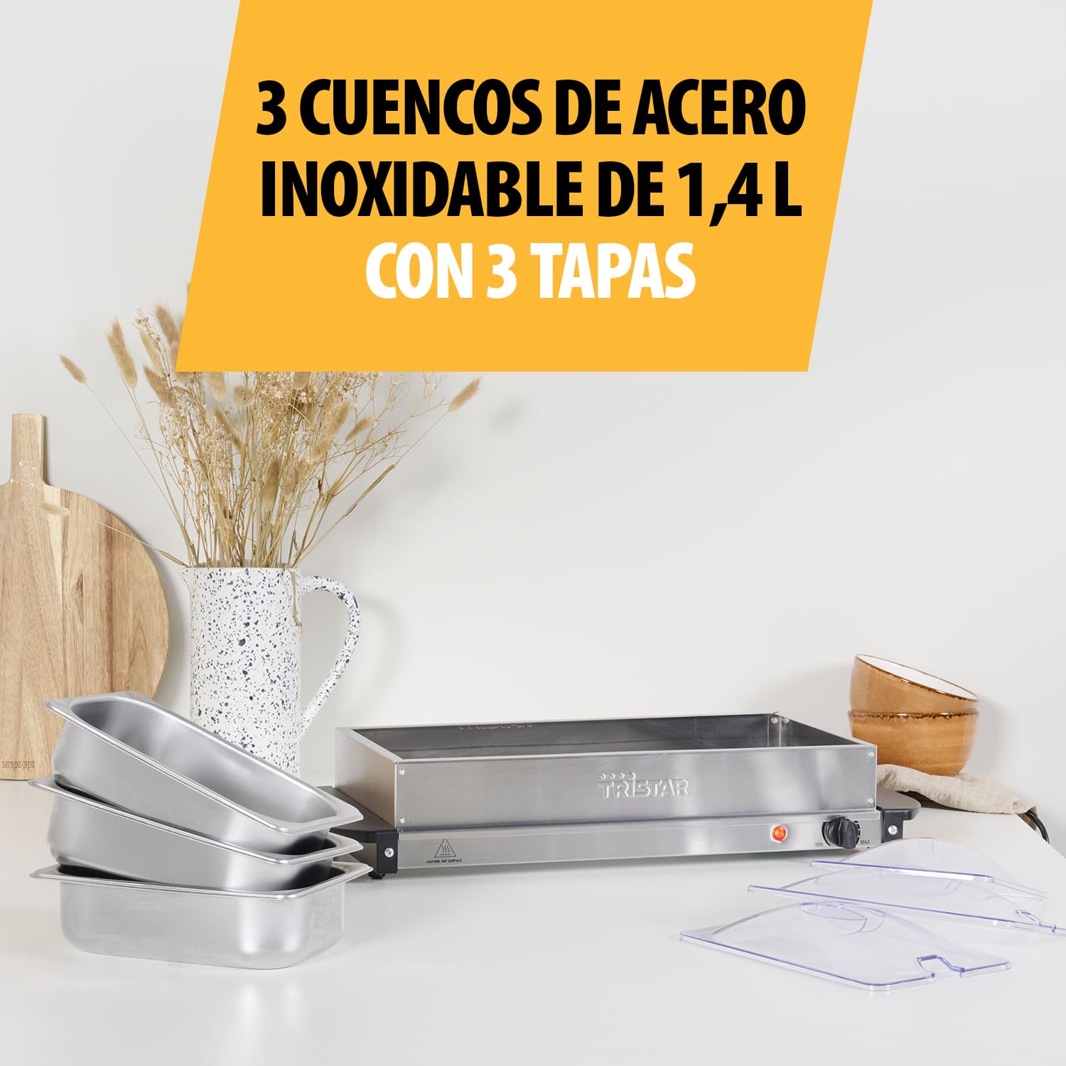 Tristar Calientaplatos Buffet de Acero Inoxidable para Fiestas y Buffets, 4,2 L, Termostato Ajustable, 3 Recipientes Calientaplatos, Función de Placa Calefactora, 200 W, Plateado, BP-6283