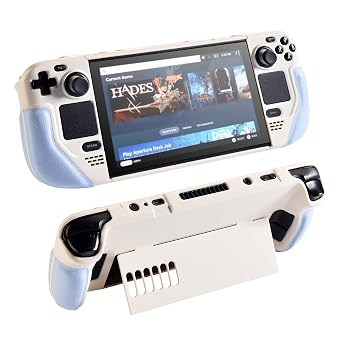 UYIYE Steam Deck OLED Case with Ergonomic Grip & Kickstand, Shockproof Protective Cover Compatible with Steam Deck OLED & LCD 2022/2023, Anti-Slip Slim Fit Shell with Heat Dissipation - Beige/Blue
