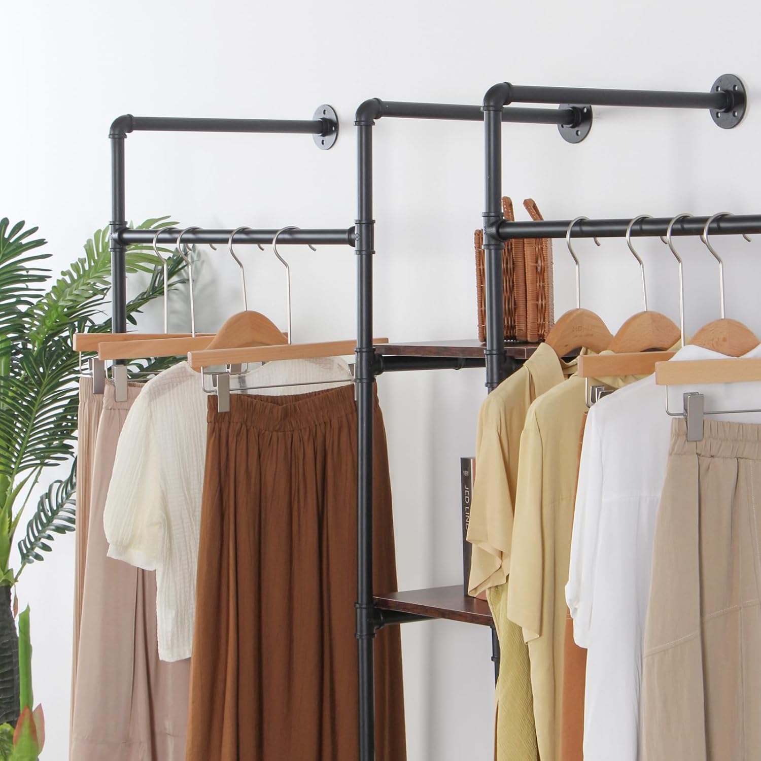 Wall Mounted Industrial Pipe Heavy Duty Clothes Rack, Clothing Rods for Hanging Clothes, Freestanding Clothing Rack with 2 Hang Rods & 4 Shelves, 72.8" W x 17.7" D x 71" H
