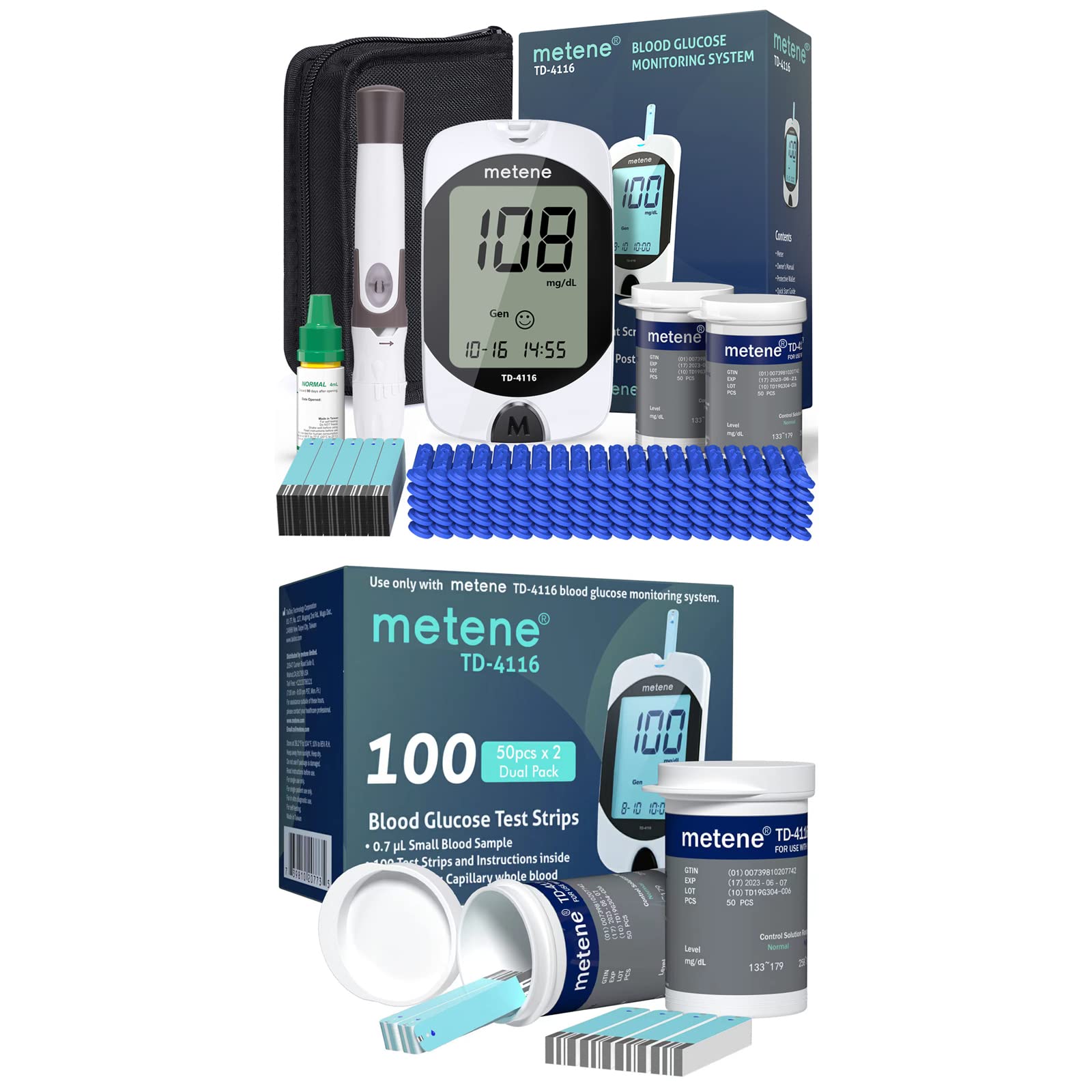 Metene TD-4116 Blood Glucose Monitor Kit, 200 Count Glucometer Test Strips for Diabetes and 100 Coun