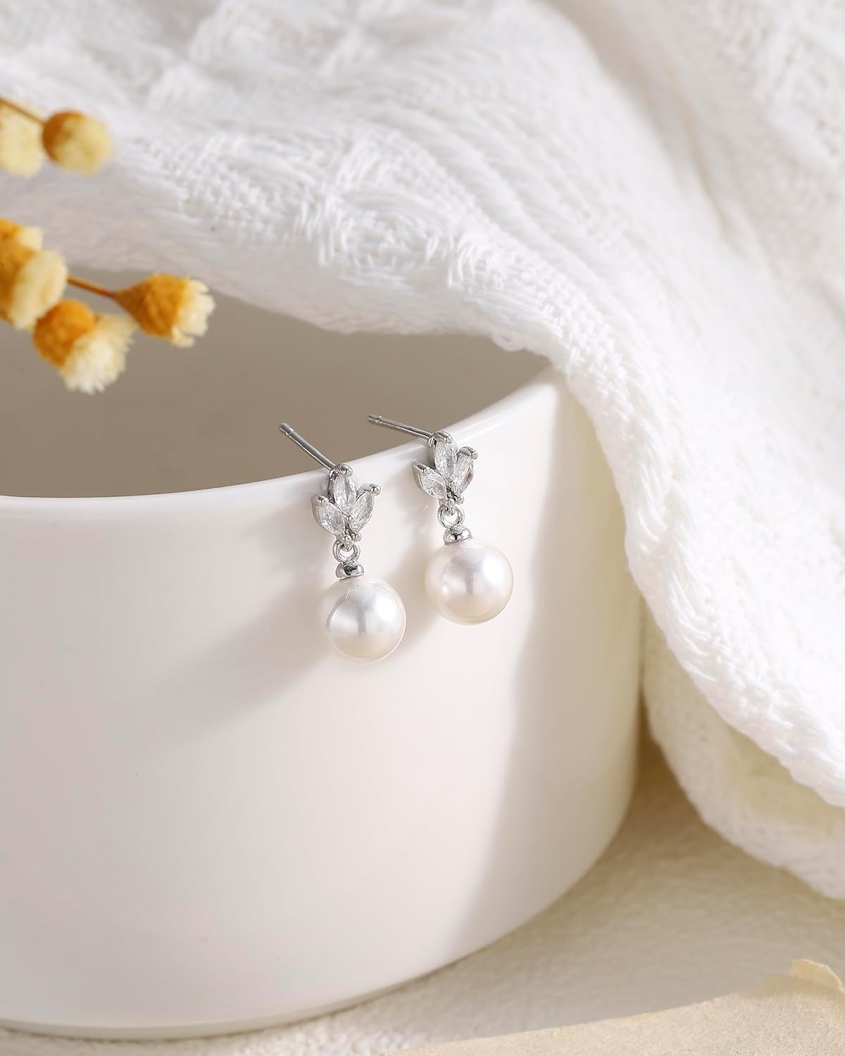 Pearl Earrings for Women, 14k Gold Plated Trendy Diamond Pearl Drop Earrings Bridal Shower Gifts Wedding jewelry for Women - Image 4