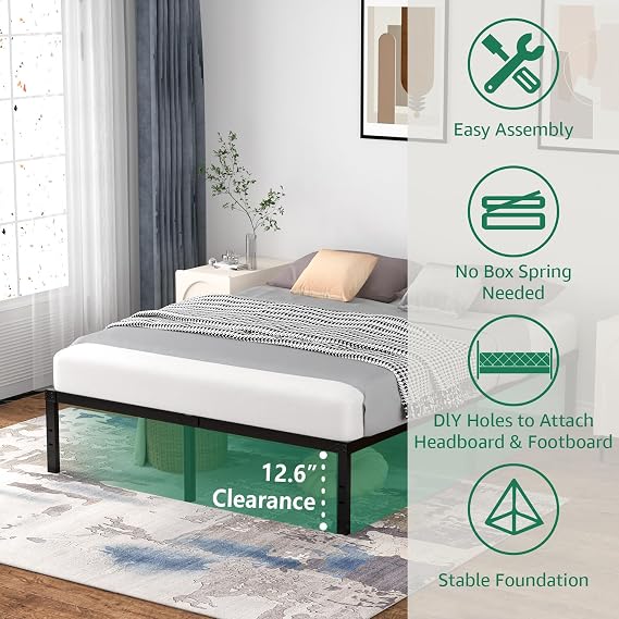 Metal Full Bed Frame - 14 H Platform Full Size Metal Bed Frame Double Bed Frames, Small Package Black