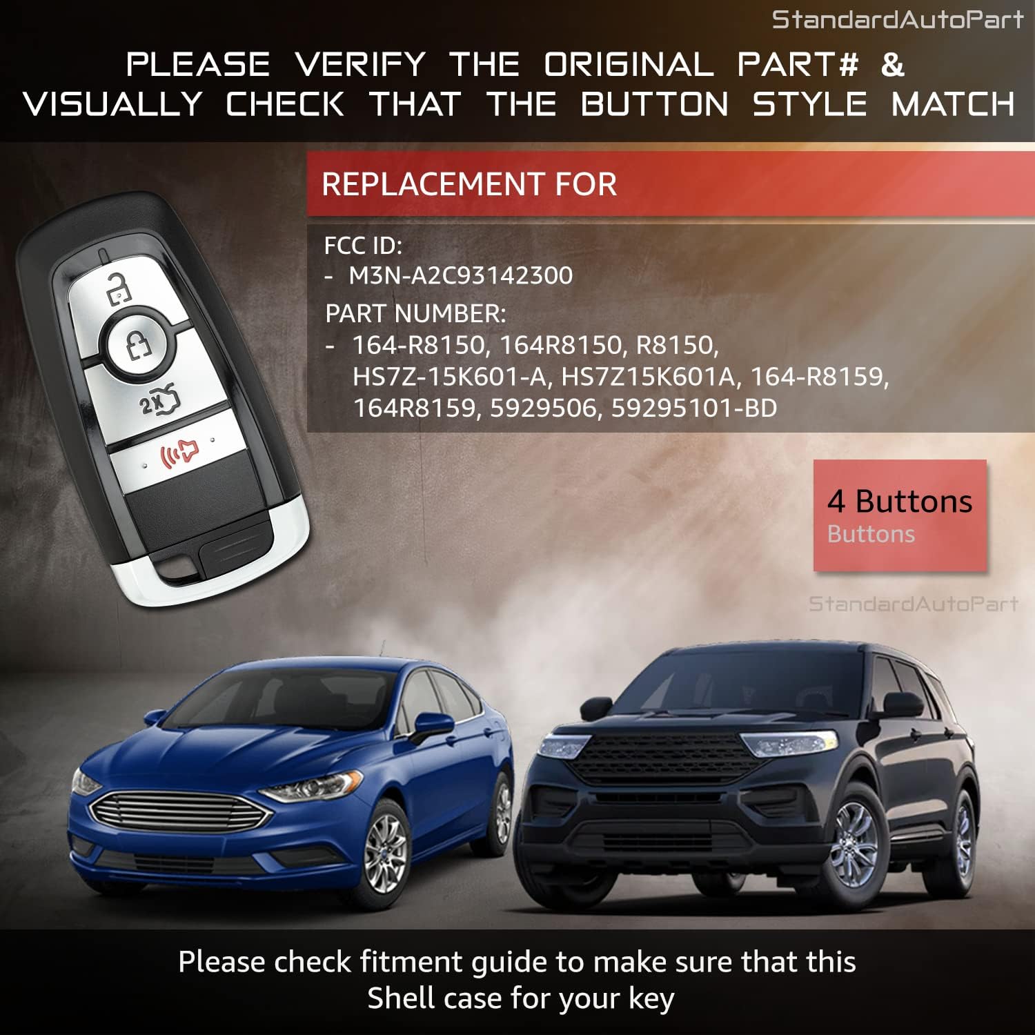 StandardAutoPart Proximity Smart Key Compatible with Ford Fusion Edge Explorer M3N-A2C93142300 164-R8150 (Shell Case)