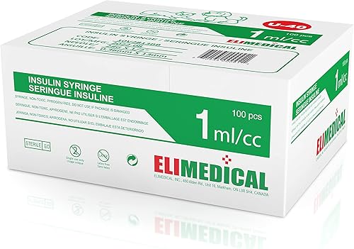 Elimedical Jeringa de insulina veterinaria 40IU (U-40), 1cc (0.0 fl oz), 28G x 1/2 pulgada (0.500 in), empaquetada individualmente, para mascotas,