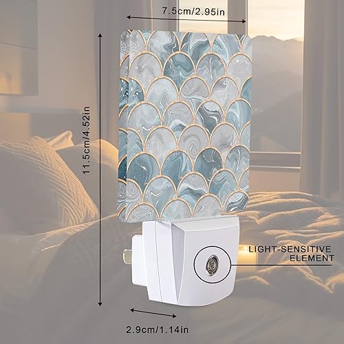 Miniatura 4 de Smoaffly Escamas de pez de sirena, luz nocturna de mármol, luces LED enchufables, sensor automático, lámpara de noche del atardecer al amanecer,