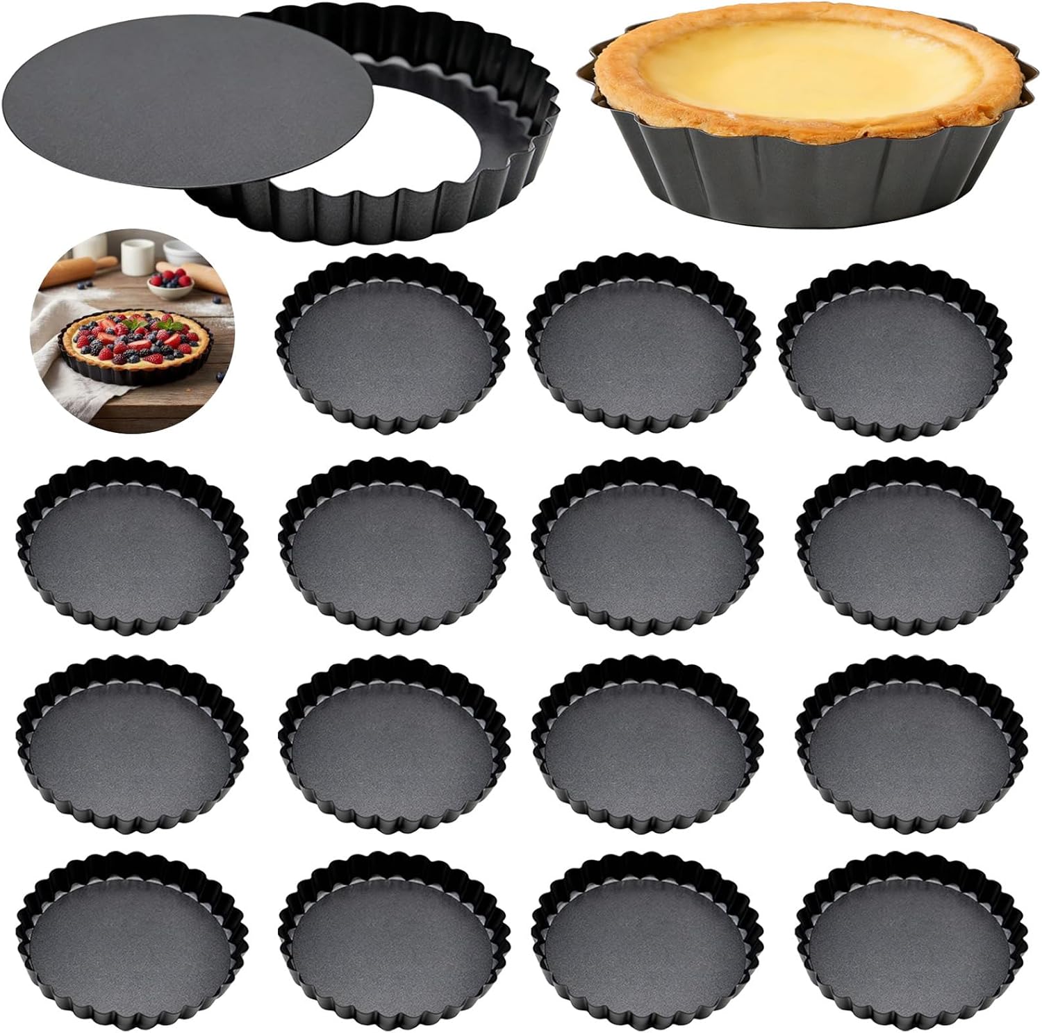 16 Pcs Mini Tart Pans, 3.1 Inch Carbon Steel with Removable Bottoms, Quiche Pans, Fluted Design for Baking