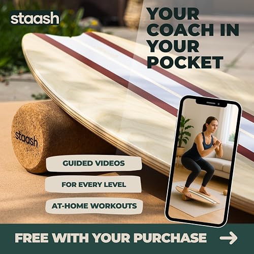 STAASH® Balance Board en Bois Premium – Méthode d'Entraînement Vidéo Guidée (App Gratuite) – Planche d'Équilibre Antidérapante, Rouleau en Liège – Surf, Fitness, Yoga, Rééducation (Vert foret) - 6