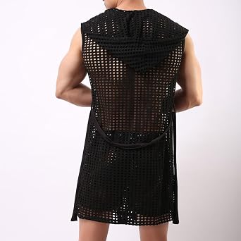 Men's Sexy Hooded Sleeveless Robes Set See Through Towel Bath Robe Nightwear Mesh Transparent Bathrobe