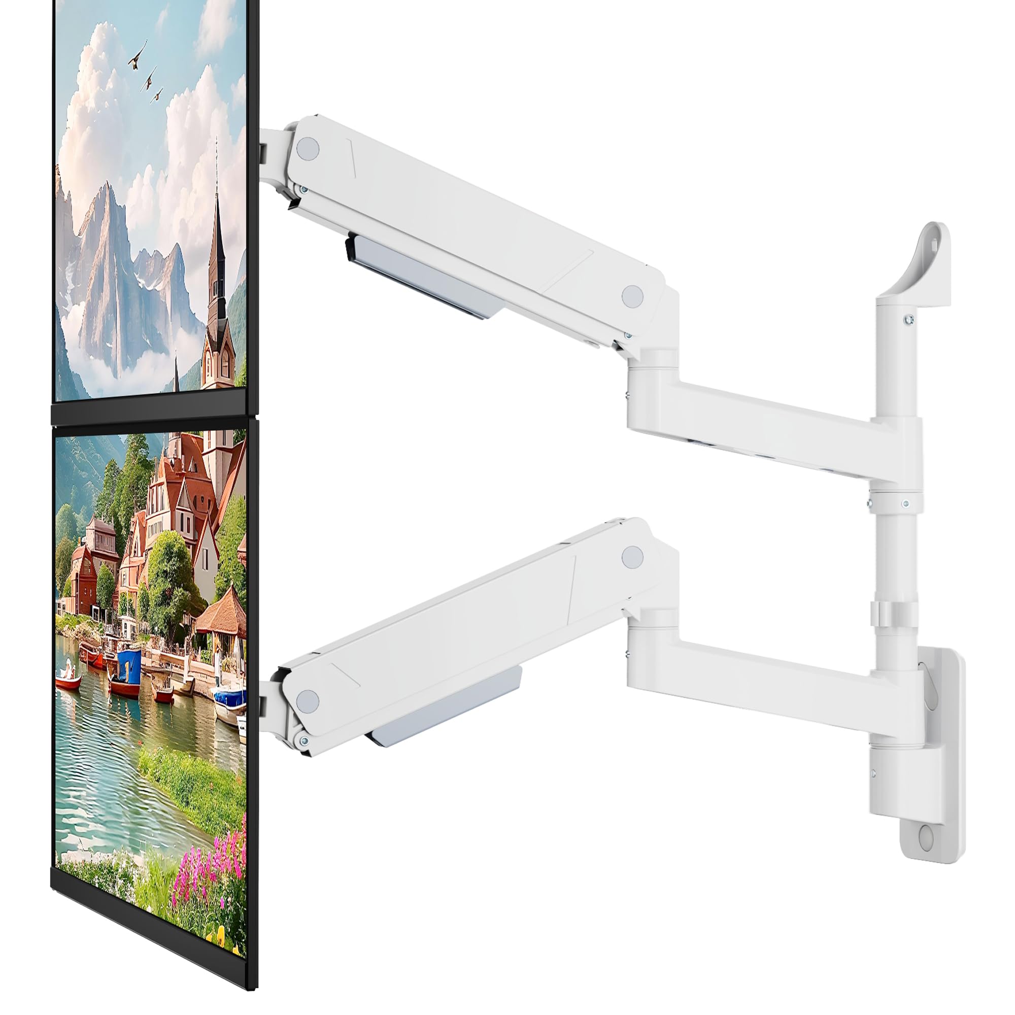 monTEK Supporto da parete per 2 monitor per schermi da 17-35 pollici, fino a 9 kg per braccio, inclinabile, girevole, regolabile in altezza, completamente mobile, VESA 75/100 mm, bianco