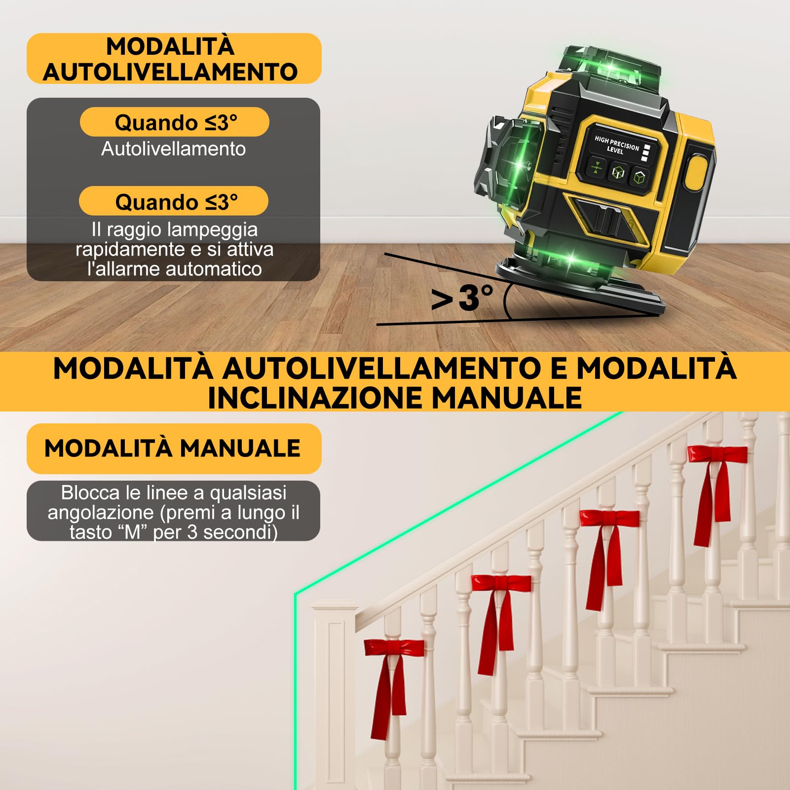 Laser a linee incrociate con treppiede, laser a linee incrociate verde 16 linee Livella laser IP54 Livella a bolla, 2 batterie da 3600 mAh, con treppiede telescopico per la posa di piastrelle
