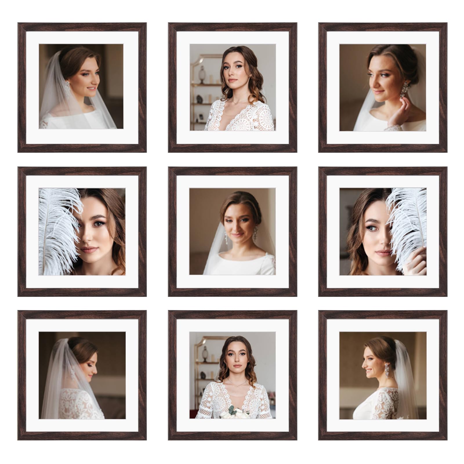 BSRHOME 10x10 Picture Frame Set of 9, Display Pictures 8x8 with Mat or 10x10 without Mat, Multi Collage Gallery Square Photo Frames for Wall or