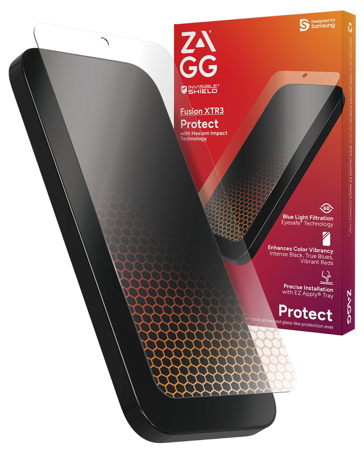 ZAGG InvisibleShield Fusion XTR3 Samsung Galaxy S24 Screen Protector - Hybrid Polymer, Hexiom Impact, Advanced Blue Light Filter, Anti-Reflective, Recycled Materials, EZ Apply Installation