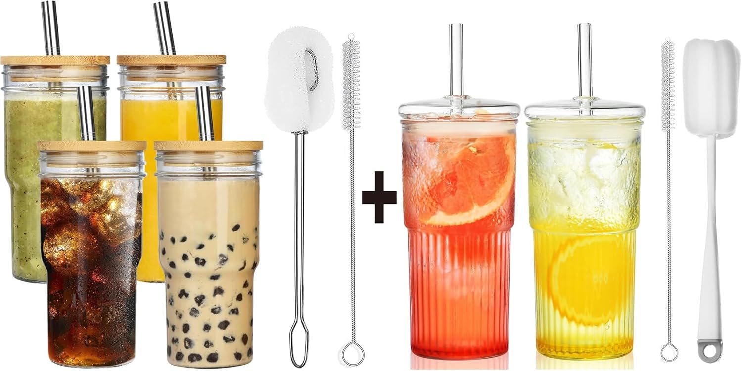 ALINK Glass Cups with Lids and Glass Straws for Boba Tea, Smoothies, Water