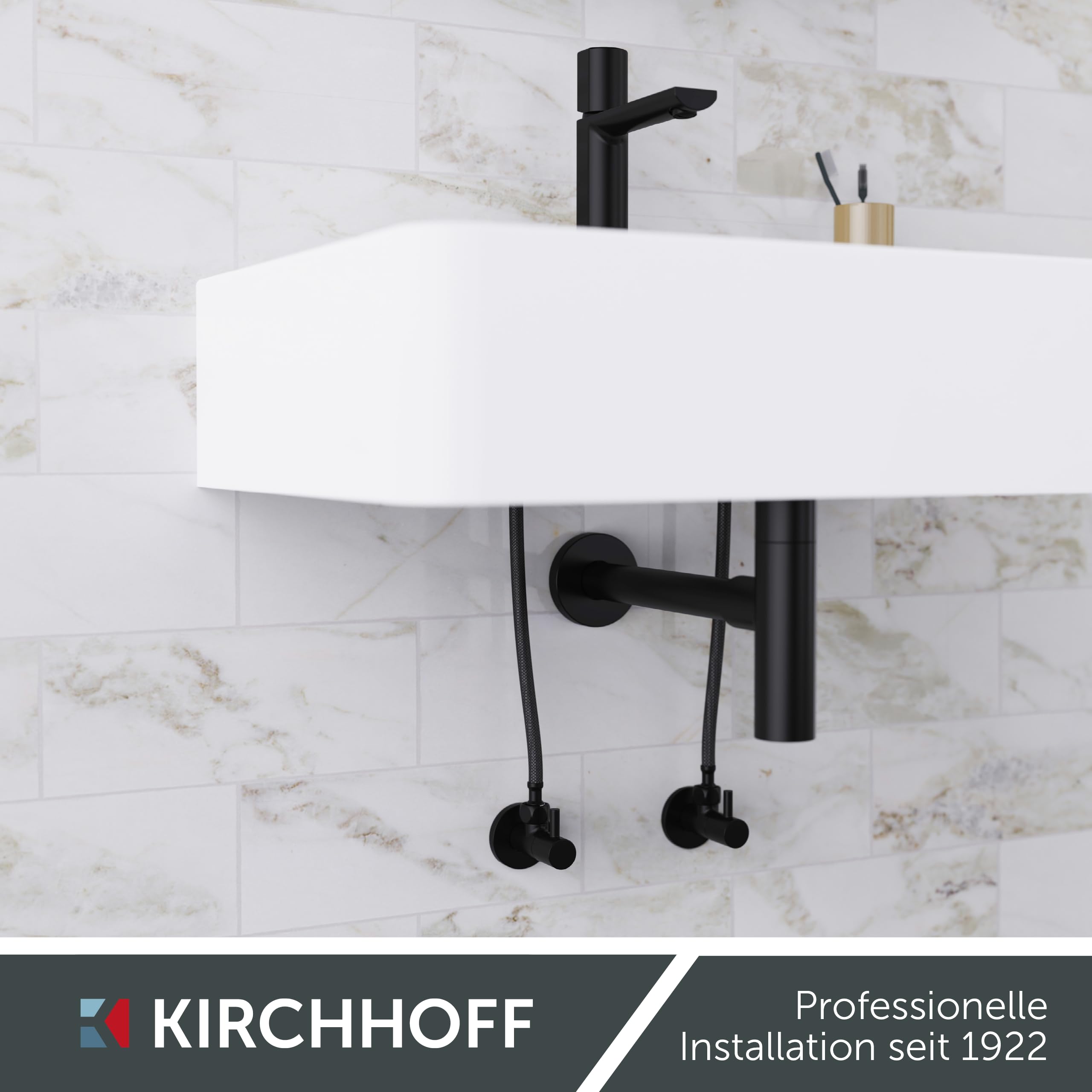 Bundle aus KIRCHHOFF Design Universal Eckventil mit Schnellverschluss + Design Siphon, Matt Schwarzer Abfluss, Ablaufgarnitur für Waschbecken + Flexibler Anschlussschlauch in schwarz