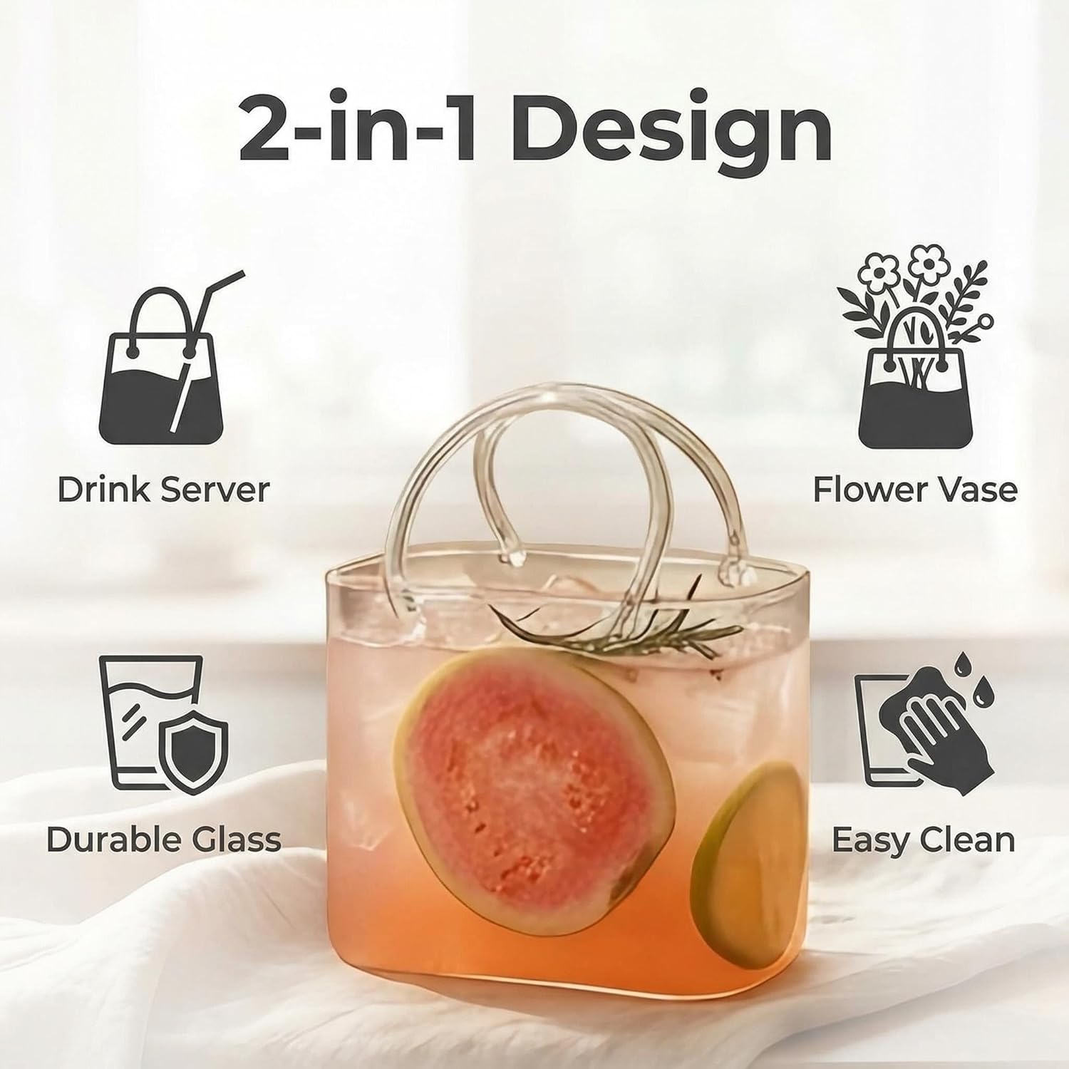Purse Drinking Glass with Straw, Glass Purse for Drinks, Decorative Glass Purse Drinking Hand Bag, Unique Wine Glasses Cup for Women Party, Fish Bowl Vase (3)