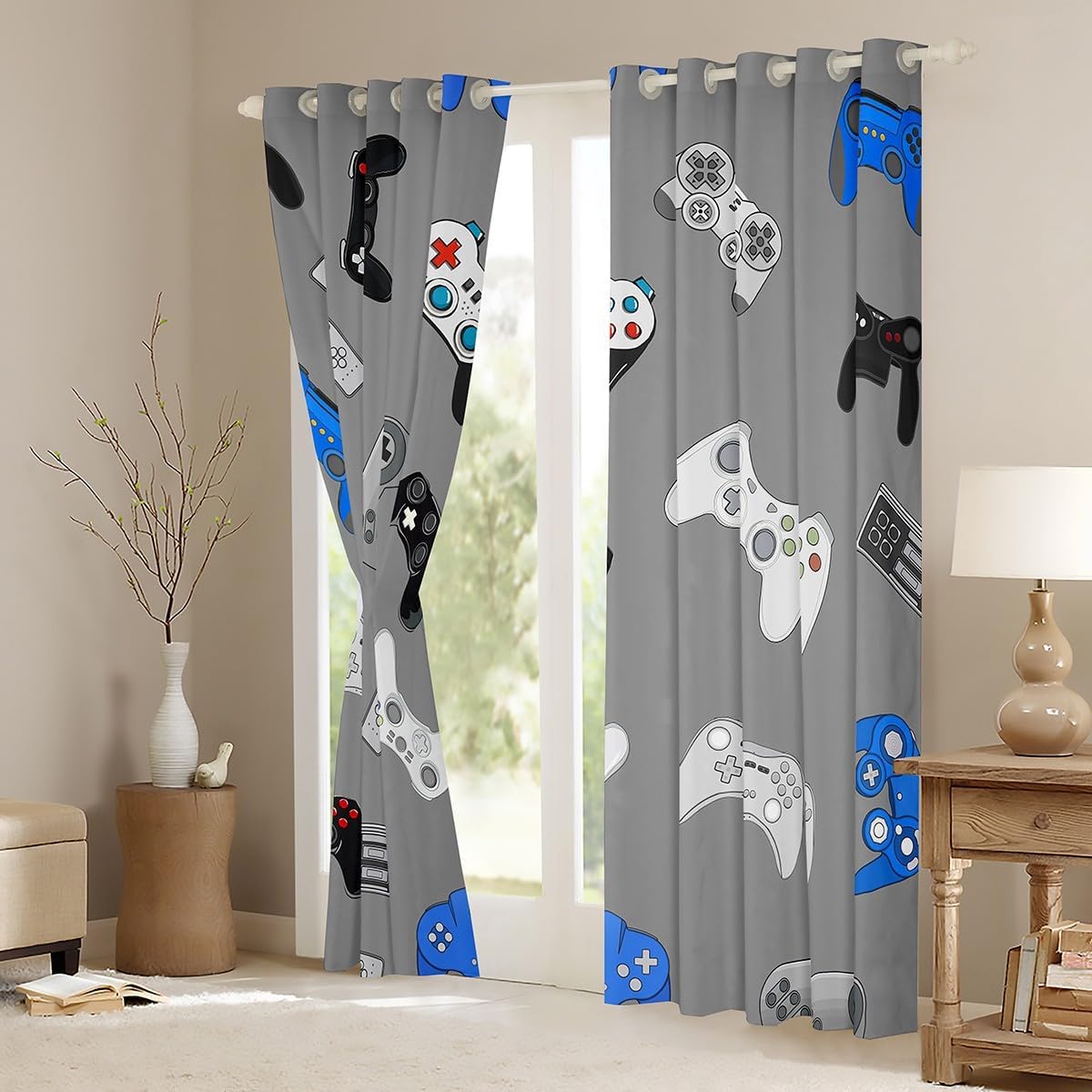 Gamepad Gaming Curtains Gamer Gray Window Curtains for Bedroom Living Room for Kids Boys Girls Various Video Game Window Drapes Modern Game Controller Decor Window Treatments,42 X 84 Inches,2 Panels