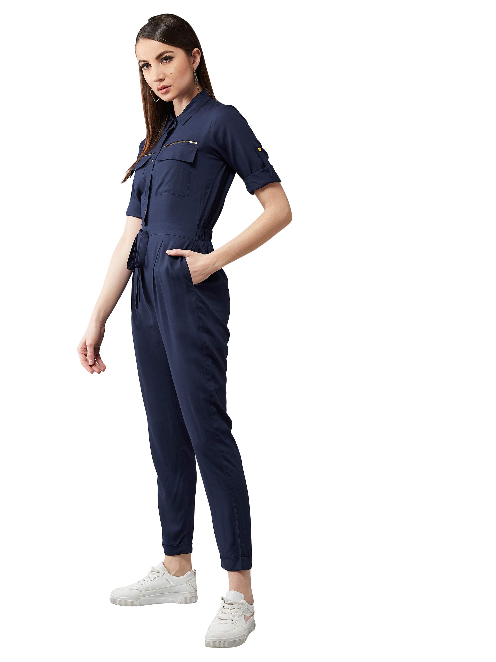 dolce crudo Women's Navy Blue Collared Half Sleeves Solid Straight Leg Regular Length Front Tie-Up Jumpsuit with Pockets.-picture-14