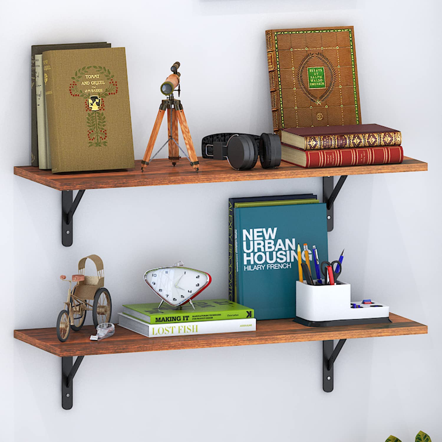 Klaxon Wood & Metal Eric Wall Mounted Floating Shelves | Display Ledge Shelf | Kitchen/Office/Room Storage Rack (16 * 6 Inches, Brown & Black, Set of 2)