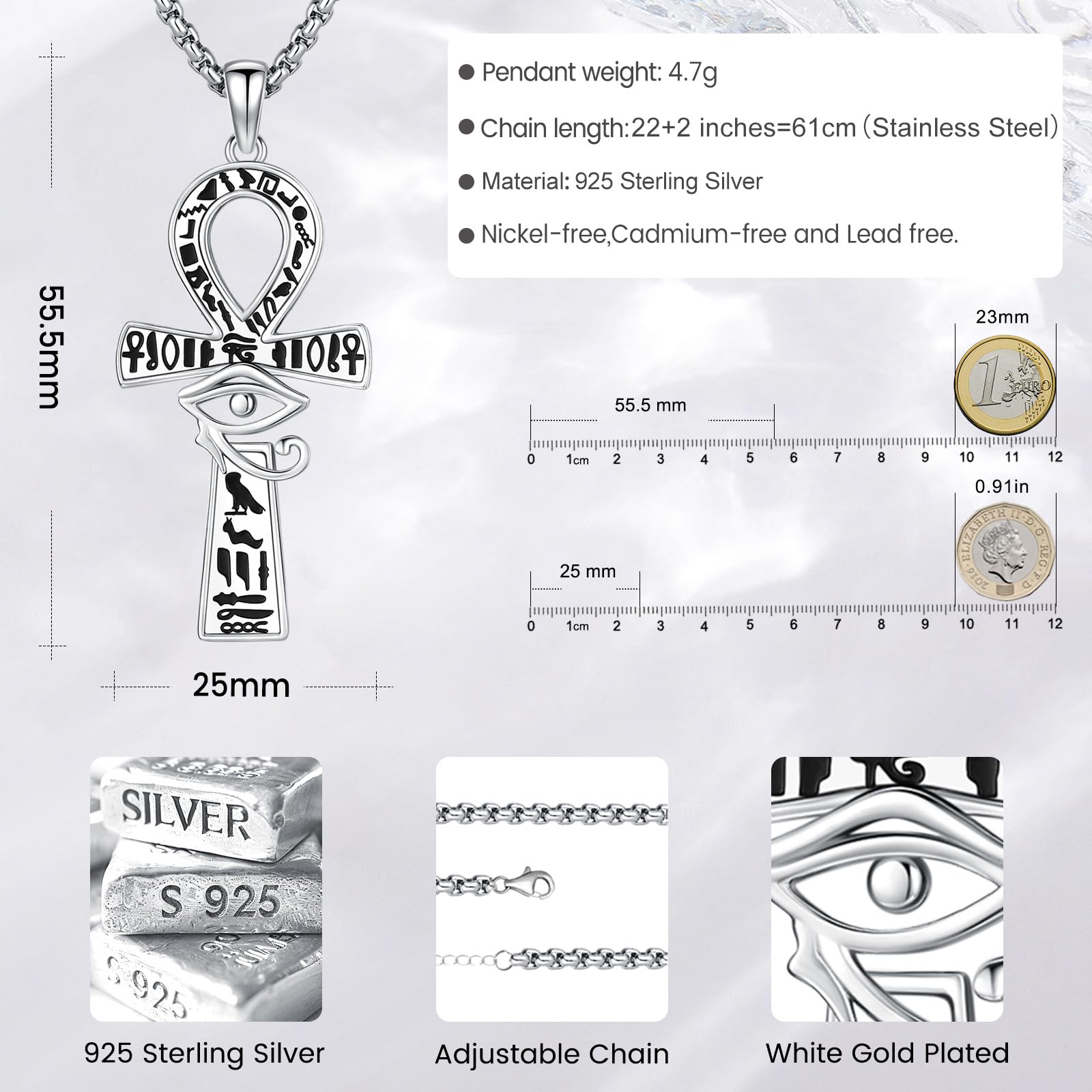 Eusense Ciondolo Croce Ankh in Argento 925, Collana Occhio di Horus Crocifisso Egiziano Ankh Collana Croce per Donna Uomo Adolescente Ragazzi