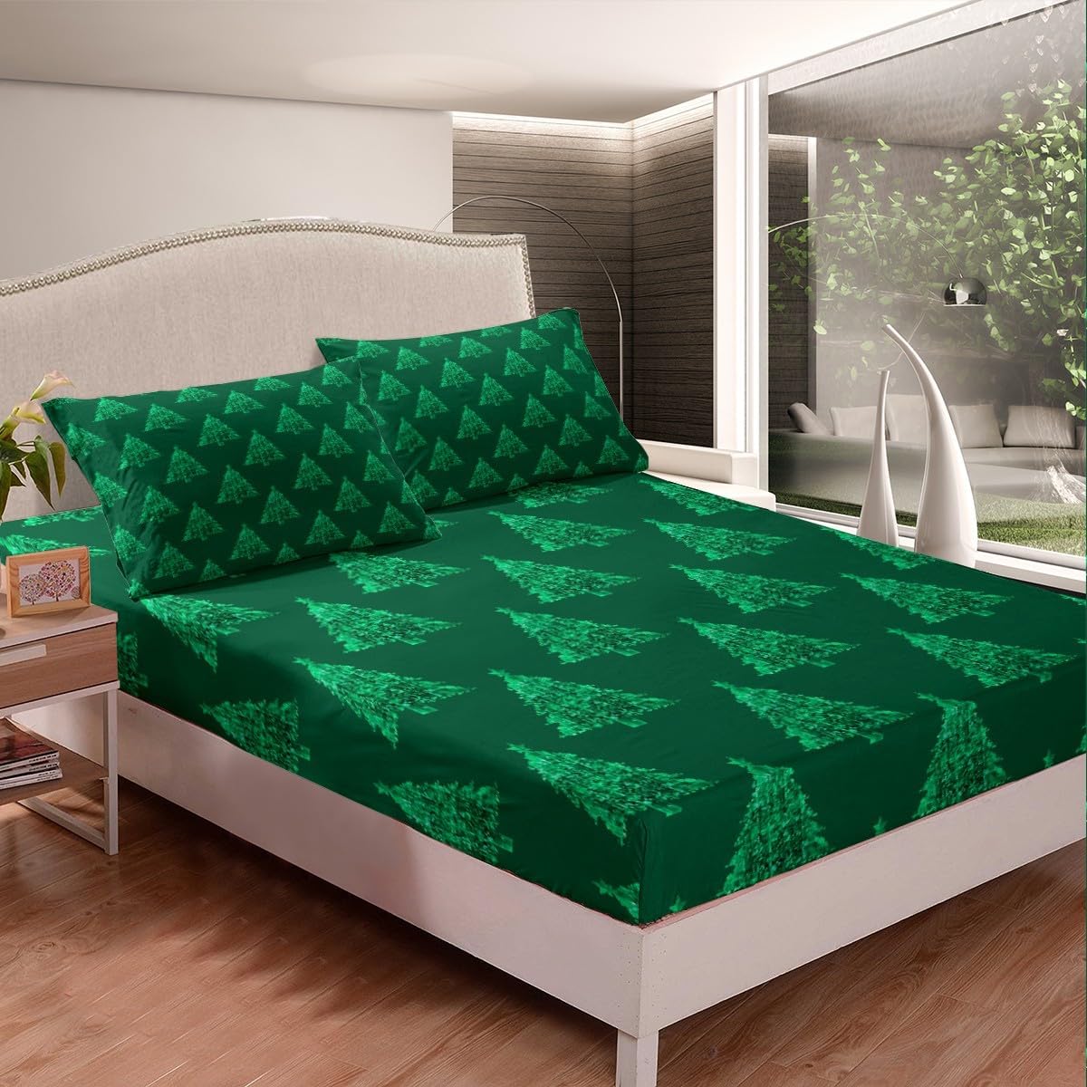Erosebridal Christmas Bedding Sheets Full Dark Green Christmas Tree Bed Sheets Winter Xmas Pine Tree Fitted Sheet for Adults Men Christmas Holiday Bed Cover New Year Room Decor 2 Pillow Cases