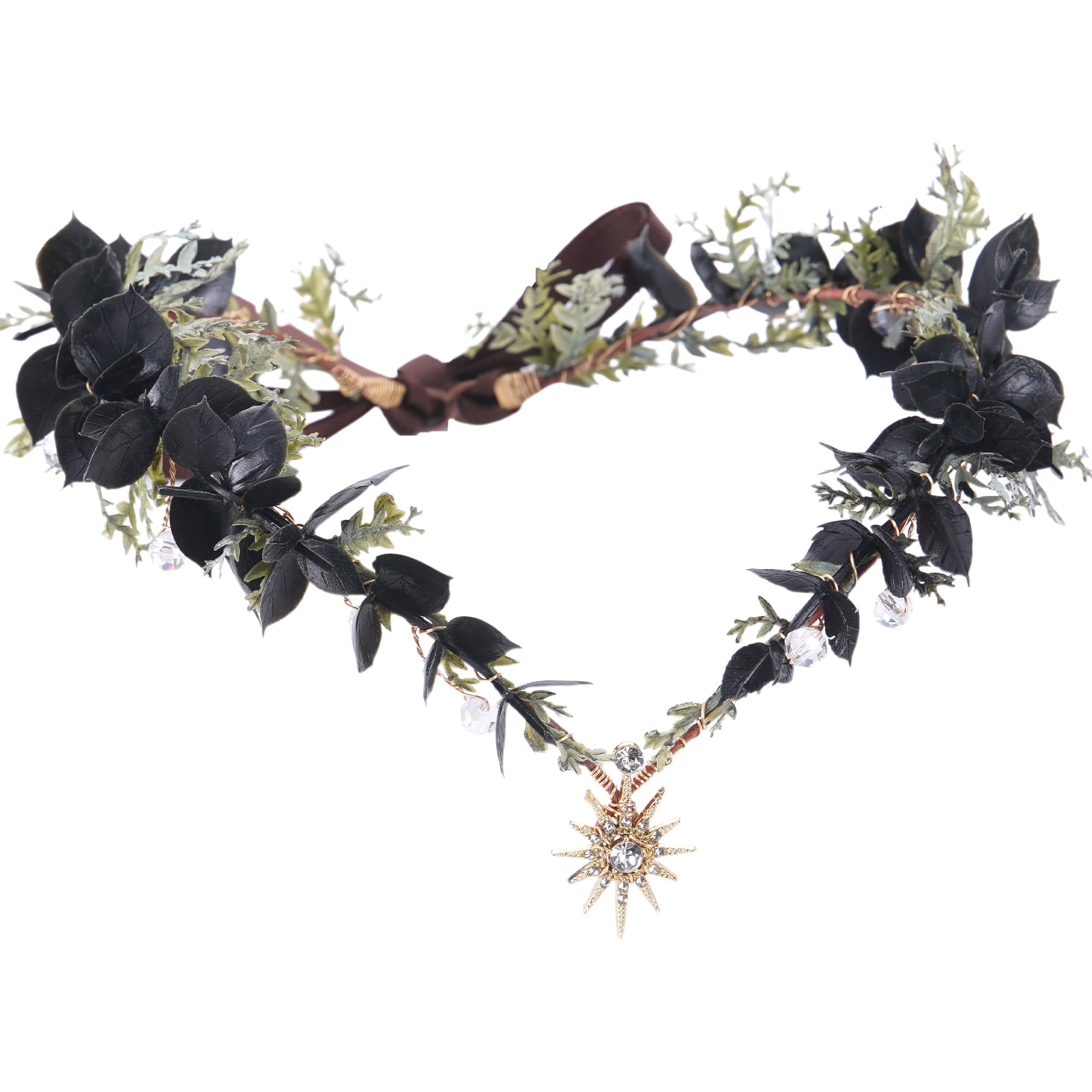 MOSTORY Black Flower Elf Crown - Gothic Floral Circlet for Dark Fairy Accessories Women, Eucalyptus Goth Elven Crown for Renaissance Renfaire Witchcore Aesthetic Cosplay