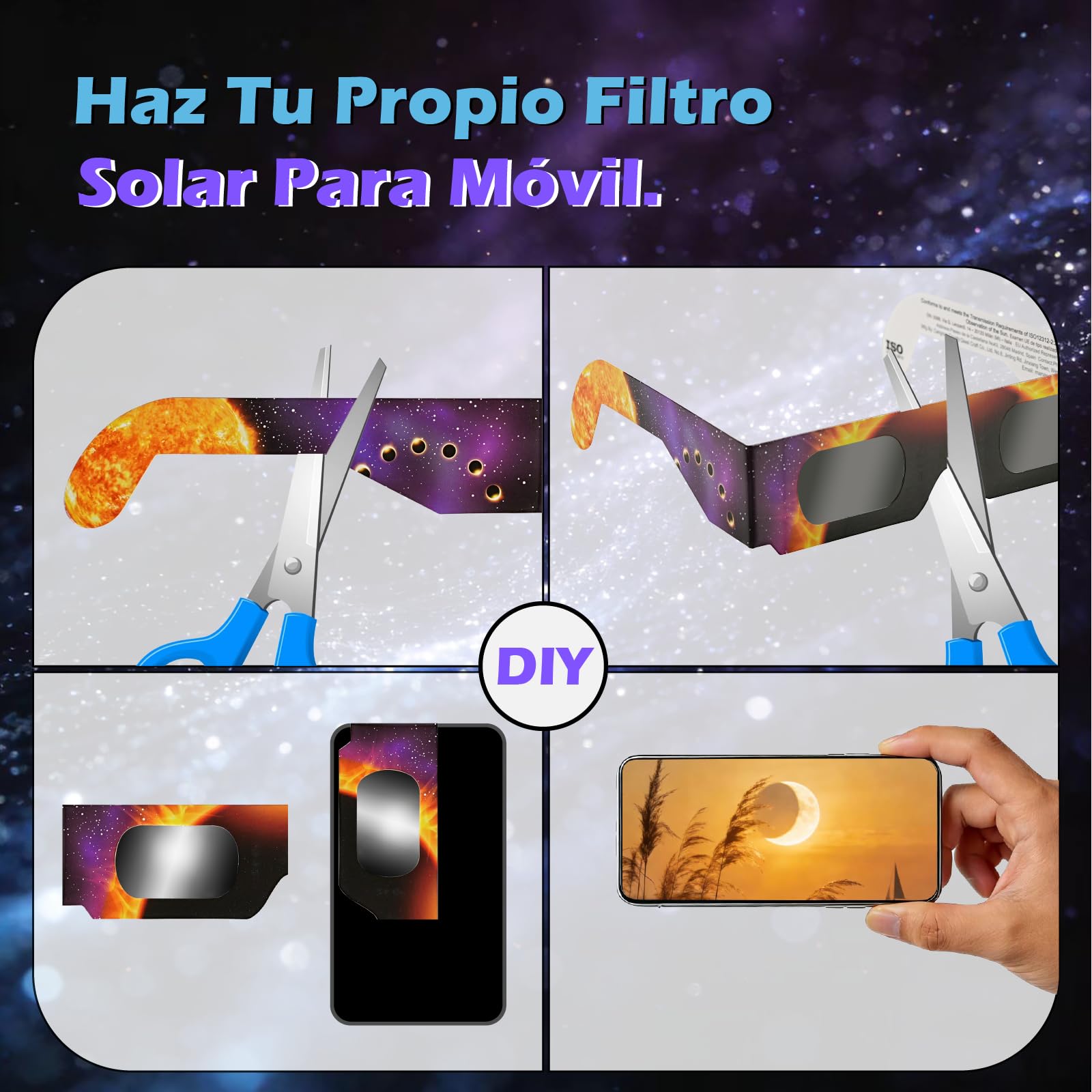 Gafas para Eclipse Solar QW-SOZ2，Certificadas EN ISO 12312-2, Visores Solares Seguros para Observación Directa del Sol, Filtros de Alta Definición