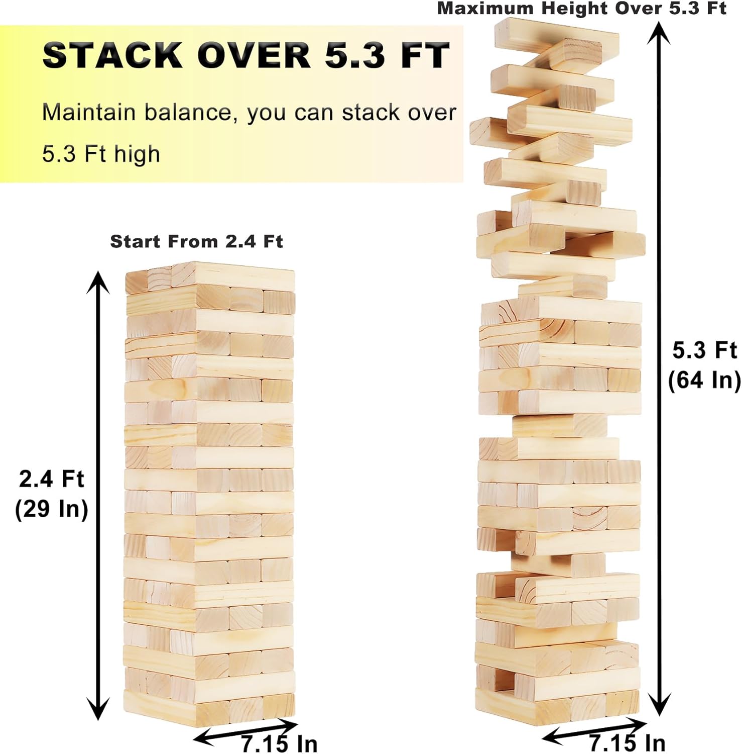 Giant Tumbling Tower Game 60 PCS, Outdoor Games for Adults & Families, 5.3 FT Premium Wooden Blocks Stacking Games with Carry Bag for Backyard, Lawn, Party, Camping