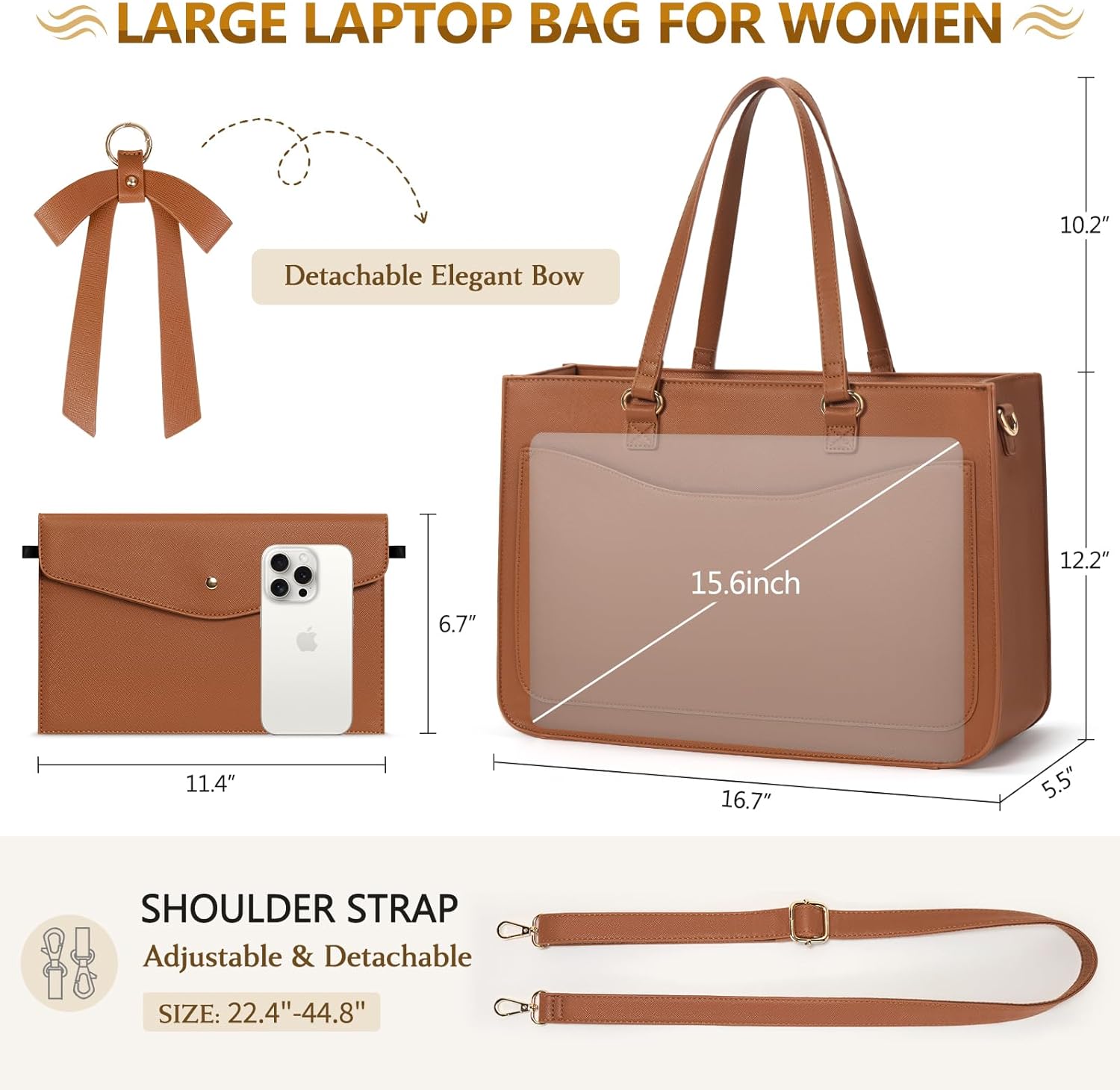 RAINSMORE Laptop Bag for Women 15.6 Inch Work Tote Bags Leather Laptop Tote Waterproof Computer Bag Professional Office Business Briefcase Large Handbag for College Teacher Travel, Brown - Image 5