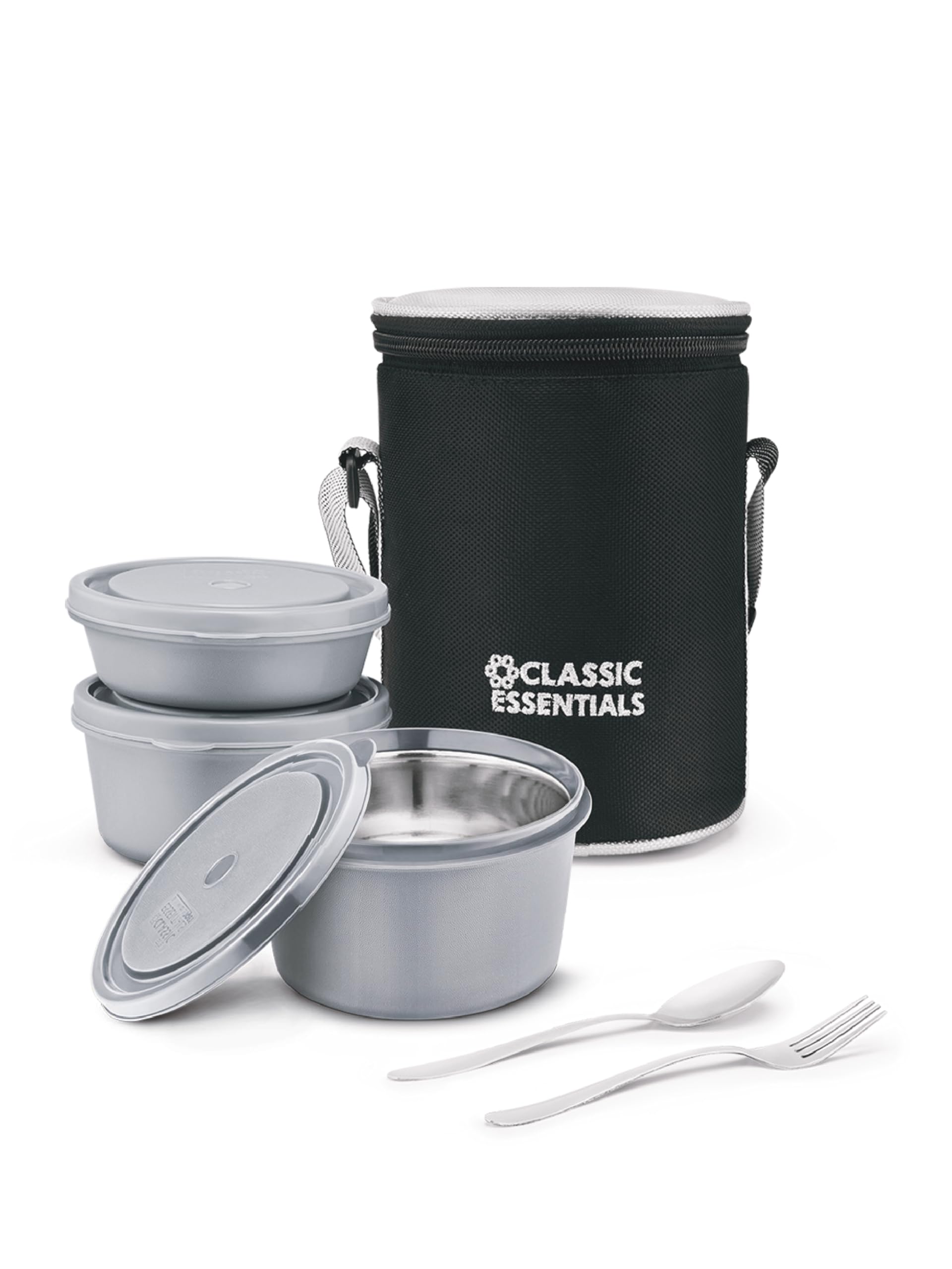 CLASSIC ESSENTIALS Lunch Box, Microwave Safe & Leak Proof, 3 Inside Steel Containers with BPA Free Lids (250ml, 400ml & 600ml), Insulated Fabric Bag (Grey)
